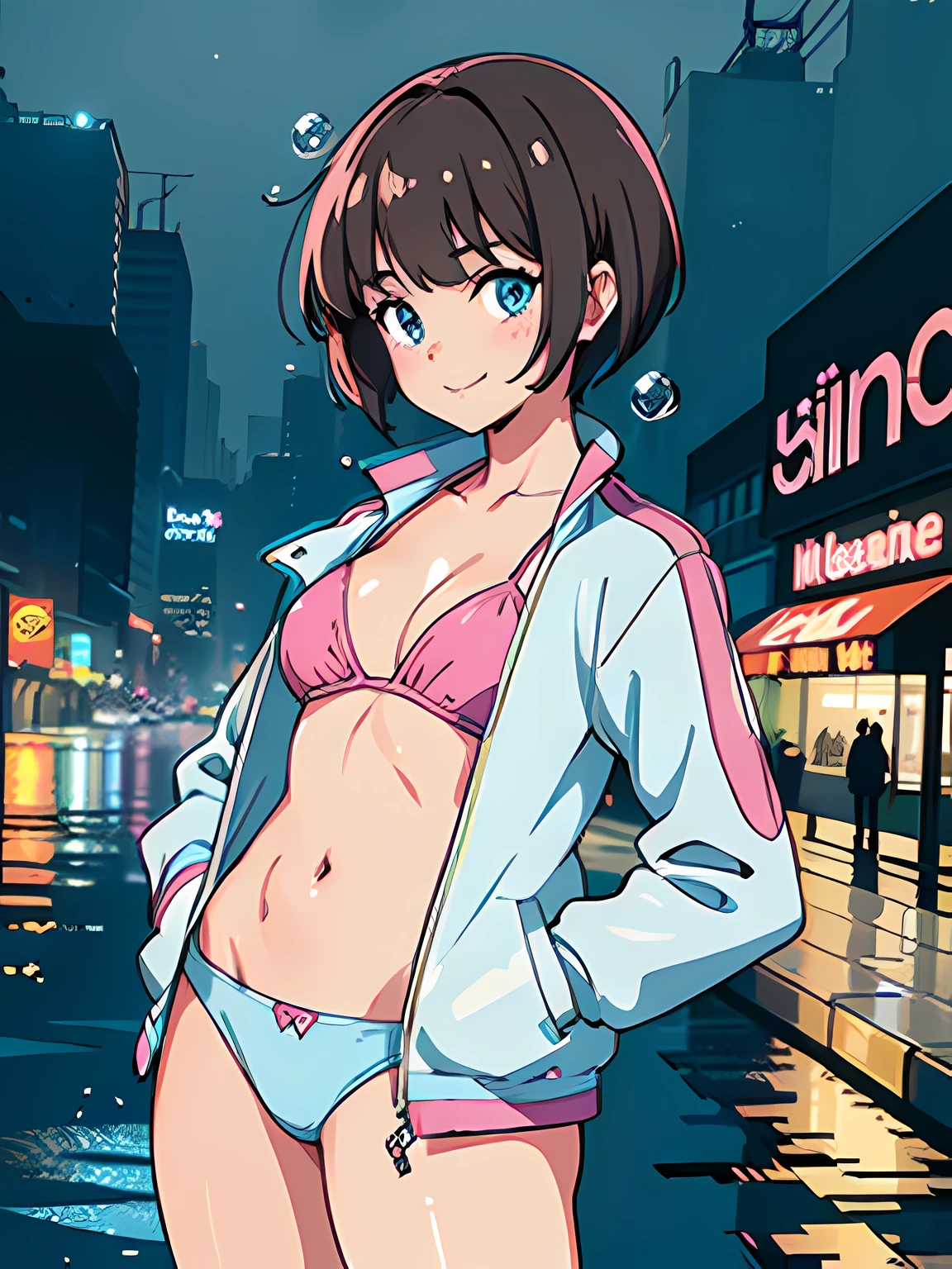 ((masutepiece)), ((Best Quality)), (Ultra-detailed), ((Extremely detailed)), 4K, (8K), Best Quality, Flat color, heavy outline, sharp outline, 1girl in, Solo, Tomboy, slanted eye, short smile, Cute dripping wet girl in an ivory and pink bikini and jacket, Inflating bubble gum, Hands in pockets, brunette pixie、I cut my hair with bangs, Wet skin, Cyberpunk city waterfront in the rain, neon light