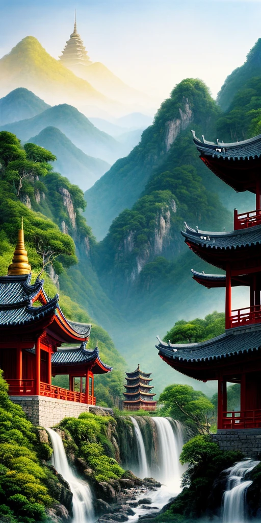 In the middle there are mountain views of waterfalls and pagodas, painted scenery of Hangan, winners of the CG Society competition, fantasy art, fantastic Chinese temples, Chinese landscapes, Chinese fantasy, composed of trees and fantasy valleys, ancient city landscapes, impressive fantasy landscapes, the most epic landscapes, temples on the mountains, mountainous jungle environment, avatar landscape, Chinese village.