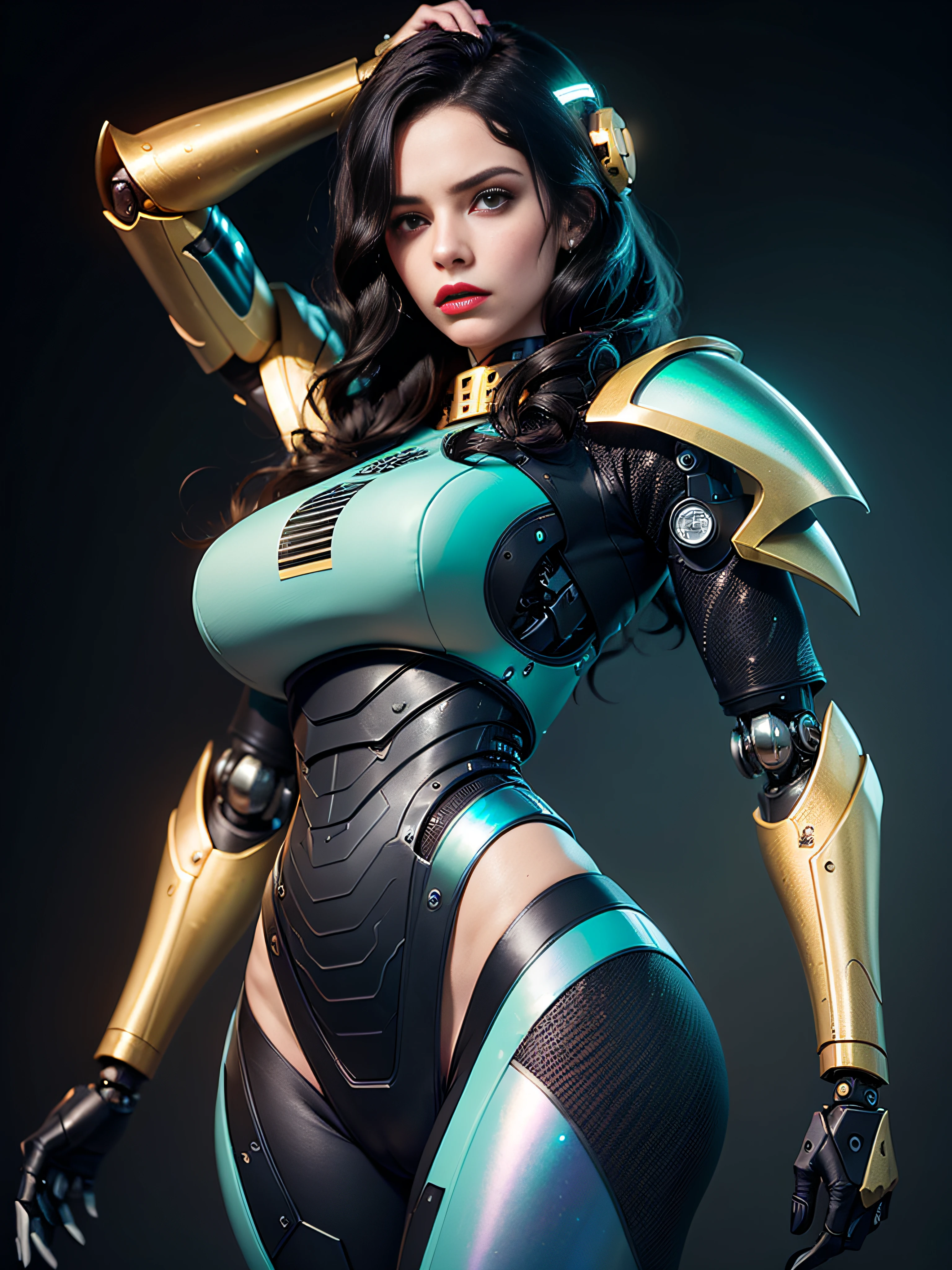 ((best quality: 1.5)) ((masterpiece: 0.8)), intricate details, sharp focus, professional, photorealistic, real life, realistic representation of the face, ((((solo, 1girl) athletic assassin, (albino, albino, stern expression, metallic lipstick, (mechanical arm, cyborg))))) bright glow, dynamic pose, gorgeous perfect face, in the style of realistic and hyper detailed renderings, zbrush, hyper realistic oil, contoured shading, dark room, dark background, black background, solo, BREAK; BREAK ((((scolding, ((dark wavy hair, thin hips, skinny)))))), (freckles: 0.9), ((body tattoo: 0.7)), ((fujicolor)), BREAK; BREAK ((((futuristic (brass seafoam lacquered dreadnaught heavy armor scalemail, (iridescent wrist bayonet, pretty vagina)), (underboob)), photorealistic, hyper-realistic))) BREAK; BREAK (((breast size: 0.7)))
