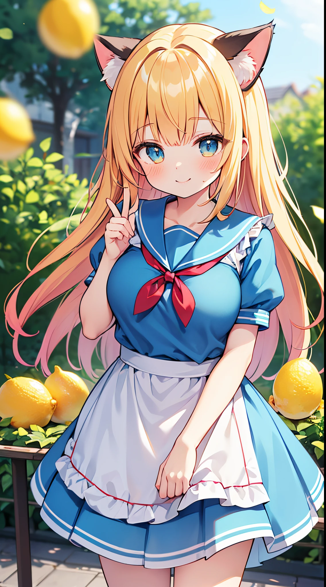 best quality, 4K, close up, (alice in wonderland), long hair, two side up, lemon yellow hair, red hair ribbon, cat ears, ((light blue apron dress)), sailor collar, short sleeves, short skirt, smile, blush, outdoors, [big breasts],