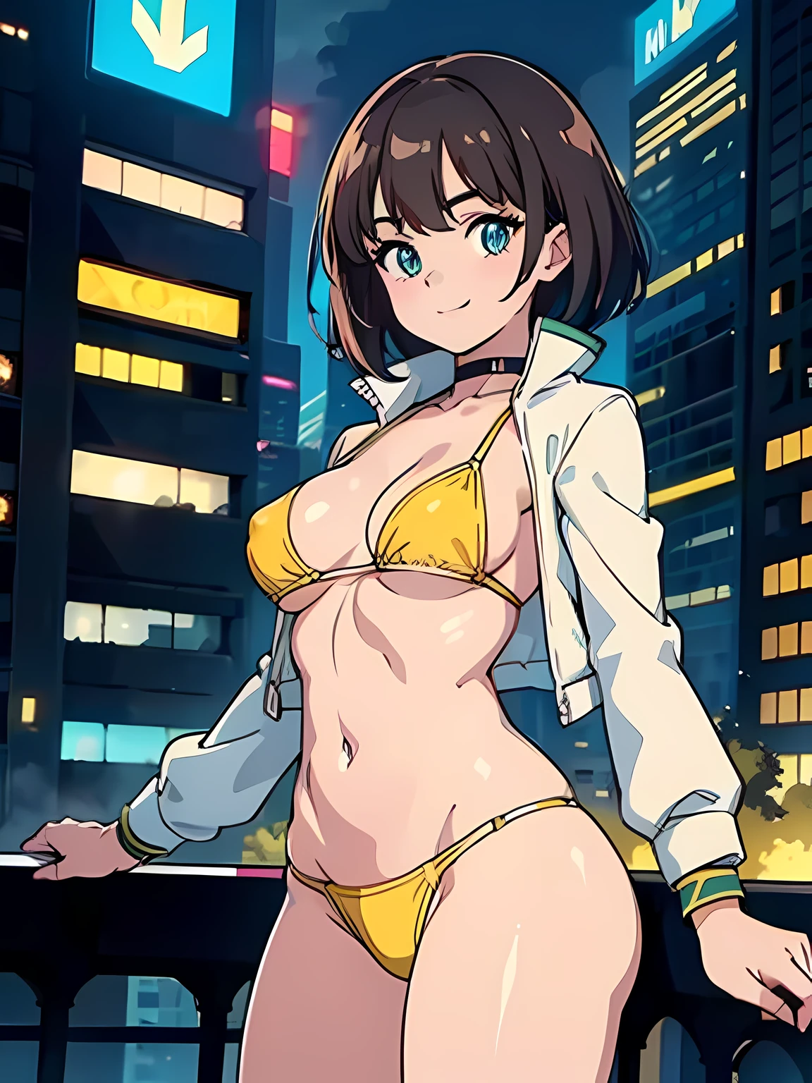 ((masutepiece)), ((Best Quality)), (Ultra-detailed), ((Extremely detailed)), 4K, (8K), Best Quality, Flat color, heavy outline, sharp outline, 1girl in, Solo, ((Rim lighting)), under the boobs, short smile, Cute girl wearing jacket and ivory and yellow bikini, brunette medium hair with bangs, View of Cyberpunk City from the balcony of a skyscraper, neon light