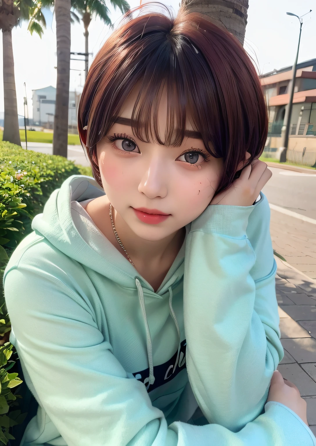 ((top-quality))、(​masterpiece:1.4)、Raw photography、8K、((Top image quality))、 ((hight resolution))、Beautiful face in every detail、Realistic human skin、Gentle expression、(One lady:1.3 )、realisitic、Photorealsitic、((cute little))、(short-hair:1.4)、(Cute hairstyle)、(Beautuful Women)、(She looks like a cute Japanese girl:1.3)、(mannish)、((Pretty Woman))、(Beautiful hair)、(((Red cheeks)))、(Her eyes are big:1.3)、20-year-old beauty、(her face  small:1.3 )、small head、((long neck))、pale skin、Spot-free skin、With bangs、Everyone longs for、japanese beautiful woman、((eight heads high))、(a necklace)、Happy look、((Hoodie))、a park、[[smil]]、