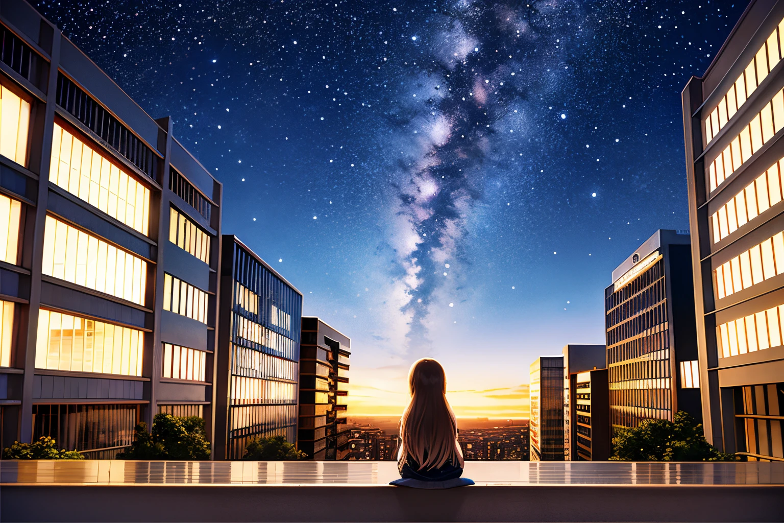 octans, sky, star (sky), scenery, starry sky, night, 1girl, night sky, solo, outdoors, signature, building, cloud, milky way, sitting, tree, long hair, city, silhouette, cityscape