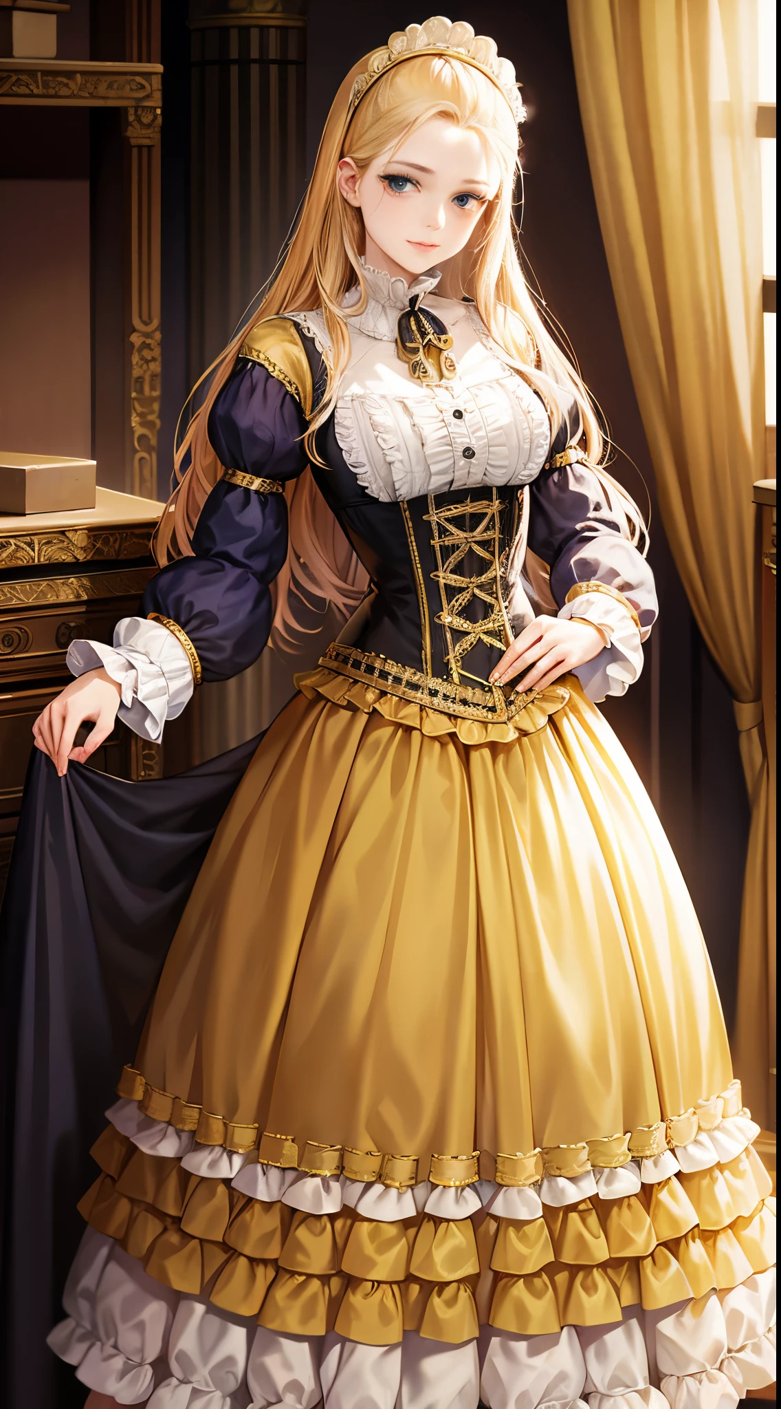 western fantasy,victorian style costume,Rococo style clothing,Baroque costumes,A beautyful girl,The stands up, clothing