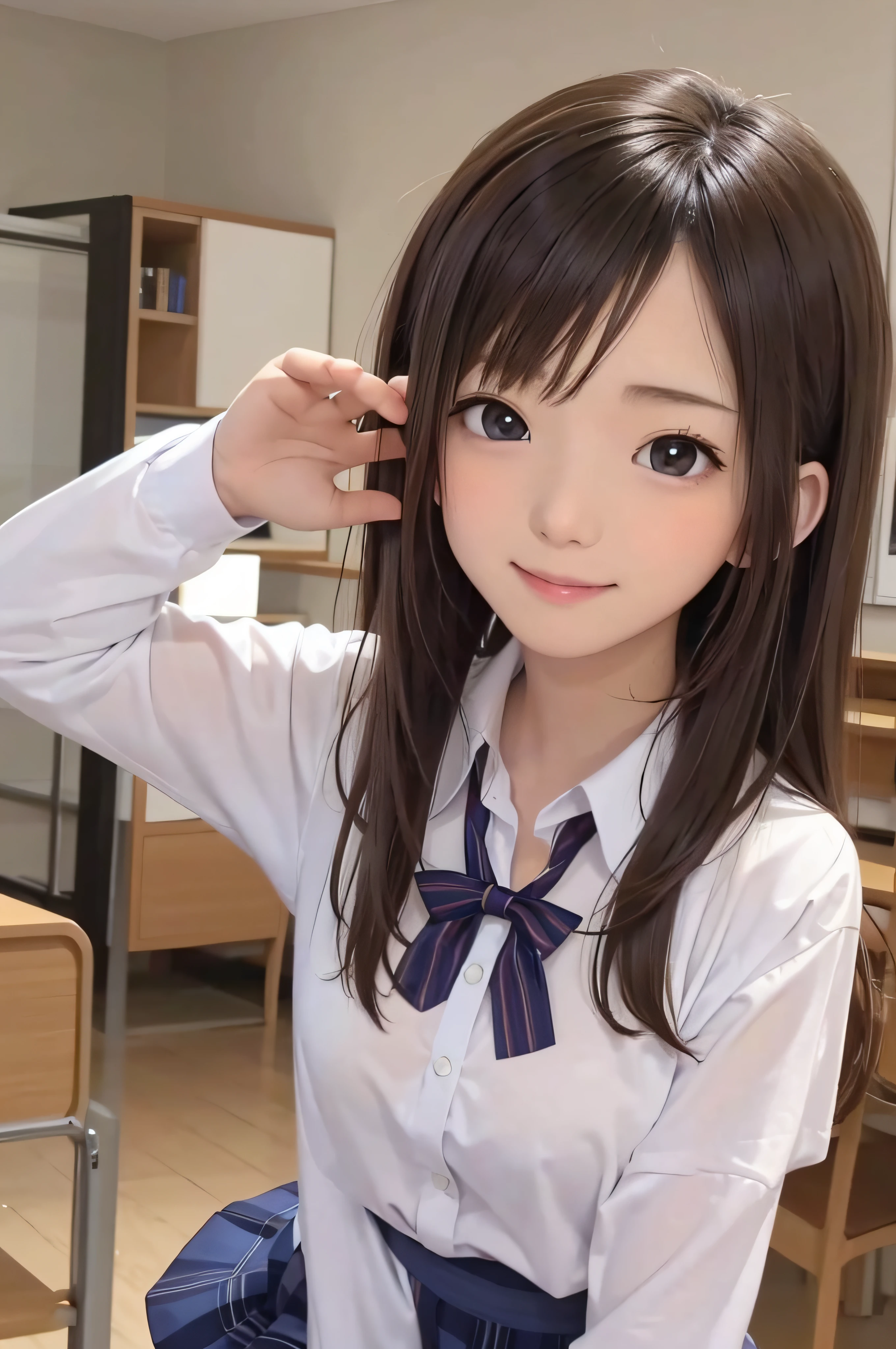 15yo student、brown haired、beautidful eyes、real looking skin、hi-school girl、small tits、(8K、masterpiece)、(reallistic、Photorealsitic)、top-quality、ighly detailed、The ultra-detailliert、Beautie、cute little、japanes、A smile、Close-up portrait、Healthy face、School uniform、plaid skirts