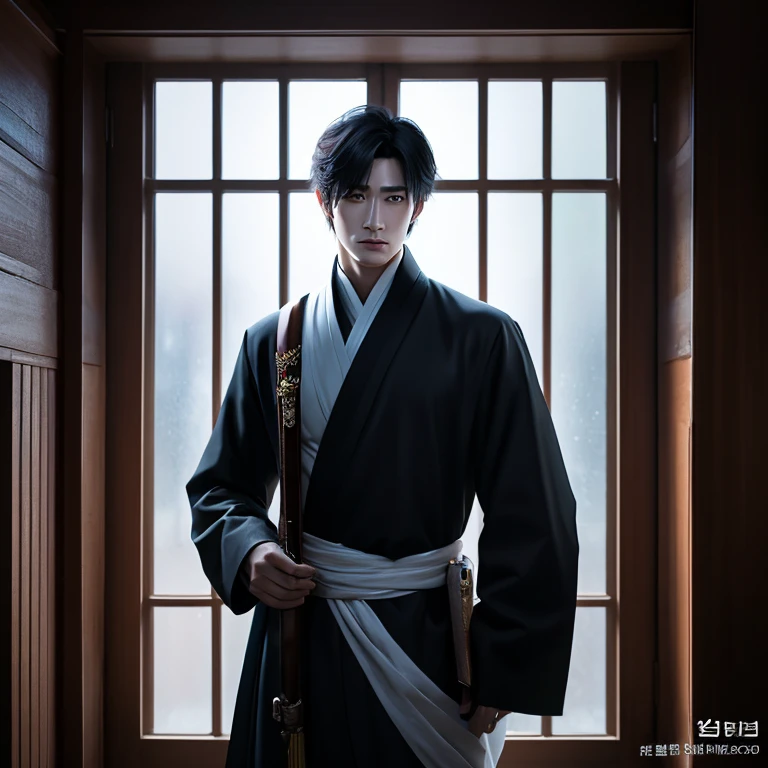 There is a man standing in front of the window, inspired by Zhang Han, inspired by Yanjun Cheng, Cai Xukun's, anime handsome guy, Anime portrait of a handsome man, handsome guy in demon slayer art, yangjun chen, Handsome stunning realistic, Handsome Anime Pose, beautiful androgynous prince, Realistic. cheng yi, by Yang J