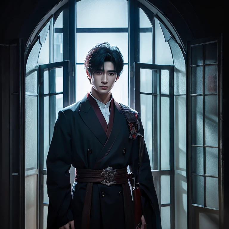 There is a man standing in front of the window, inspired by Zhang Han, inspired by Yanjun Cheng, Cai Xukun's, anime handsome guy, Anime portrait of a handsome man, handsome guy in demon slayer art, yangjun chen, Handsome stunning realistic, Handsome Anime Pose, beautiful androgynous prince, Realistic. cheng yi, by Yang J
