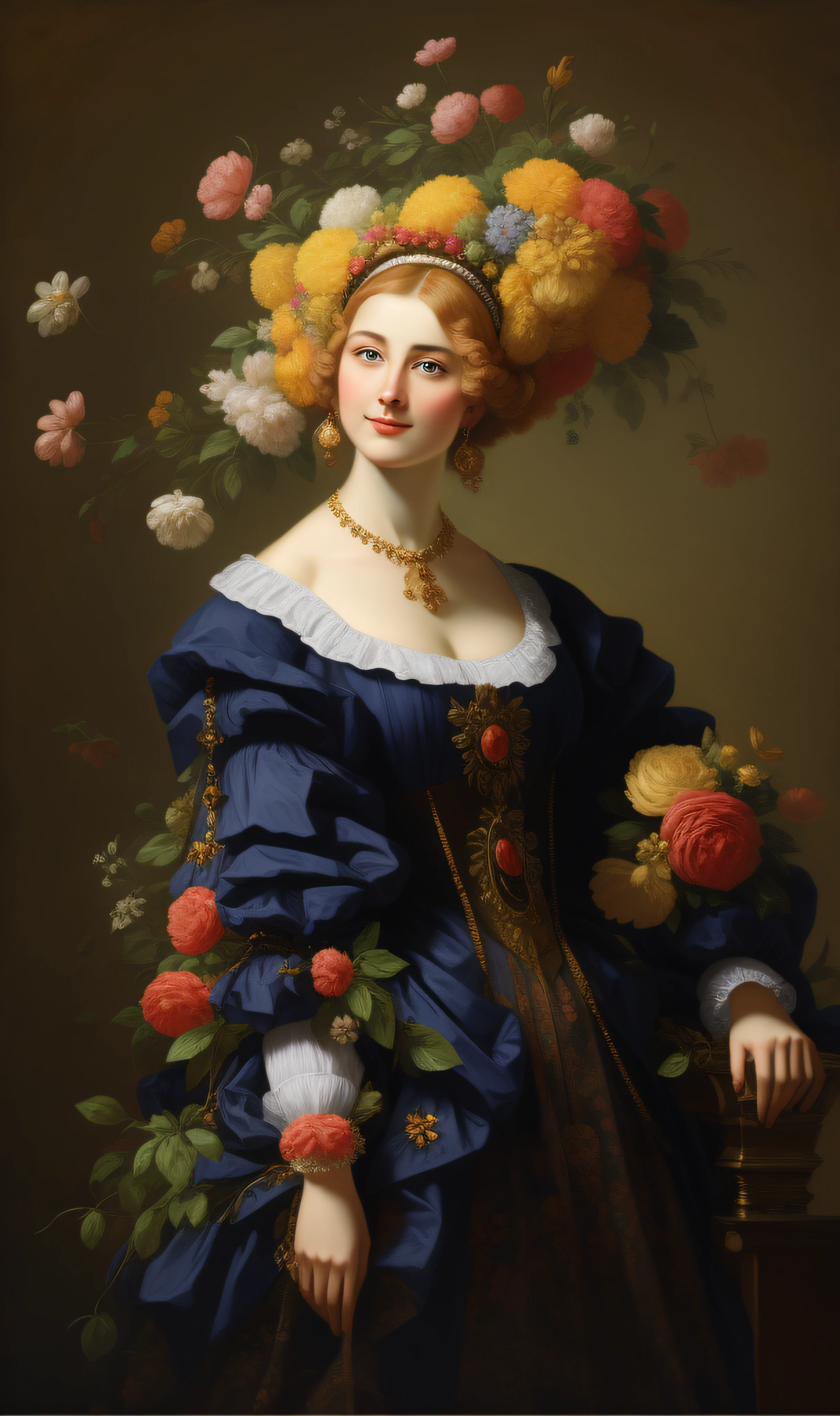 painting of a woman with a flowered headpiece and a fan, wearing yellow dress, inspired by Bartholomeus van der Helst, turban of flowers, :yellow dress: rans hals style, inspired by Frans Hals, inspired by Willem van Haecht, inspired by Gerard de Lairesse, inspired by François Boquet, inspired by Karel Dujardin, baroque digital painting