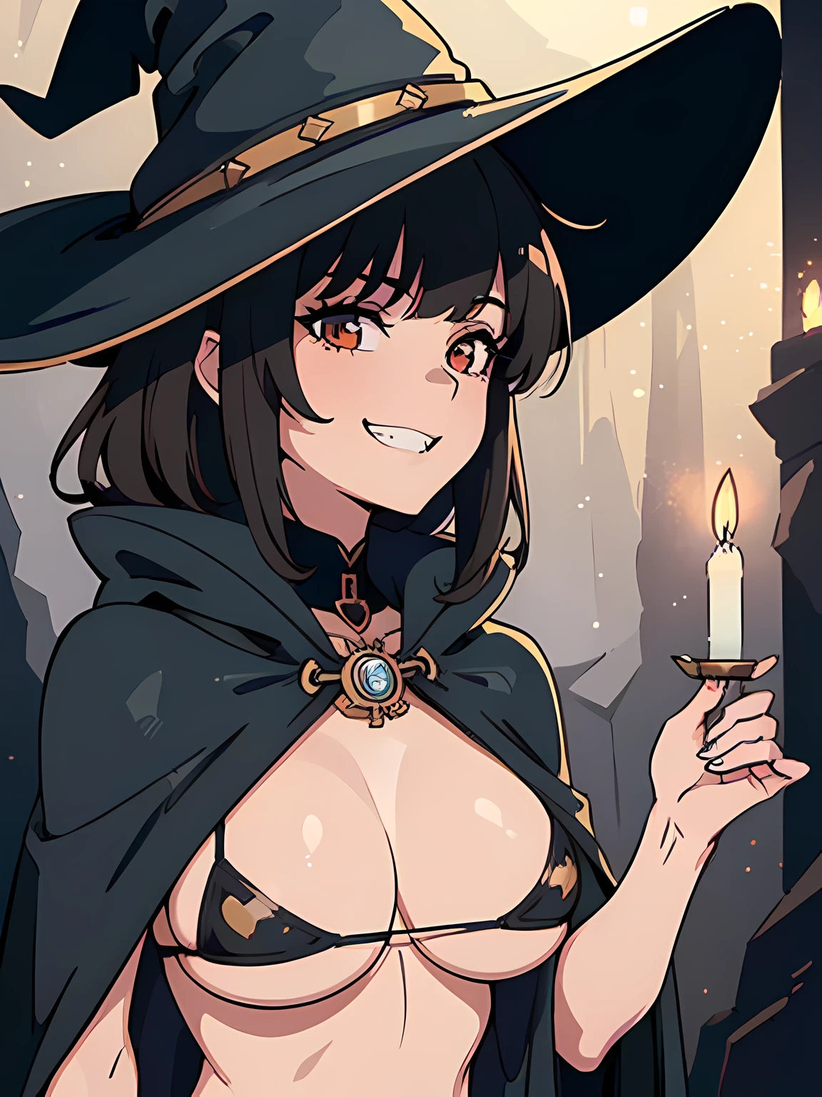 ((masutepiece)), ((Best Quality)), (Ultra-detailed), ((Extremely detailed)), 4K, (8K), Best Quality, Flat color, heavy outline, sharp outline, 1girl in, Solo, ((Rim lighting)), under the boobs, grinning evily, e girl wearing witch style black bikini with cloak and witch hat, brunette medium hair with bangs, candlelight in a dark cave