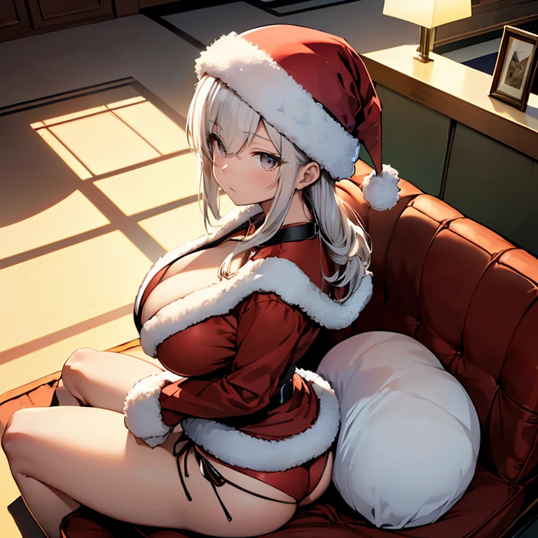 (top-quality,High resolution,(Ultra high definition,4K), (超A high resolution,in 8K),masutepiece:1.2), (Perfect Anatomy,Anatomically accurate), (Photorealistic), (Angle from above), (Soft lighting, 光线追踪), (((Sitting on a sofa in the lobby of a luxury hotel and showing your butt)), (1 Cute High School Girl), High-definition beauty face, (santa claus), Cute panties, ((Cosplay costumes)), (Crisp double eyelids), (fascinated expression), (Large breasts:1.3),(Soft skin), (Glowing skin)