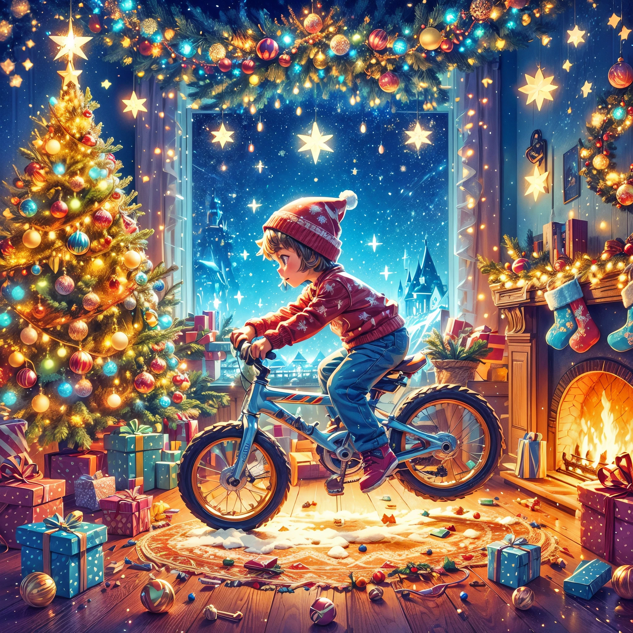 (((Vector illustration style))), bright colors, magical atmosphere, whimsical, sparkling, dreamy Christmas world in cozy room with Christmas New Year decorations, Christmas tree, gifts, Christmas stockings, in the center, 1  boy riding a high Tech Metal Mountain Bike，(Ghibli-like colours, pov, first-person view, UHD, masterpiece, ccurate, anatomically correct, super detail, high details, high quality, award winning, best quality, 8k)