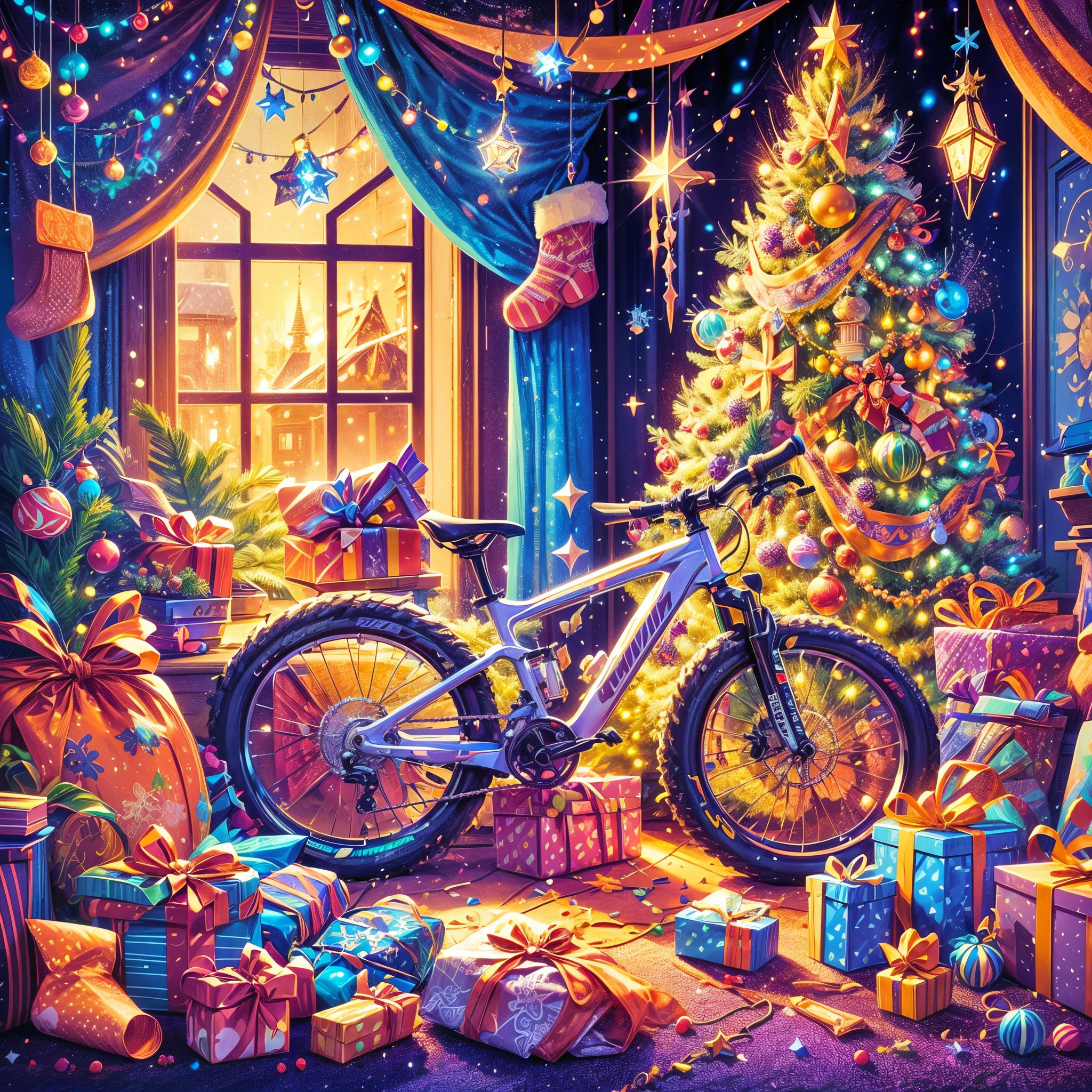 (((Vector illustration style))), bright colors, magical atmosphere, whimsical, sparkling, dreamy Christmas world in cozy room with Christmas New Year decorations, Christmas tree, gifts, Christmas stockings, in the center, 1  boy riding a high Tech Metal Mountain Bike，(Ghibli-like colours, pov, first-person view, UHD, masterpiece, ccurate, anatomically correct, super detail, high details, high quality, award winning, best quality, 8k)