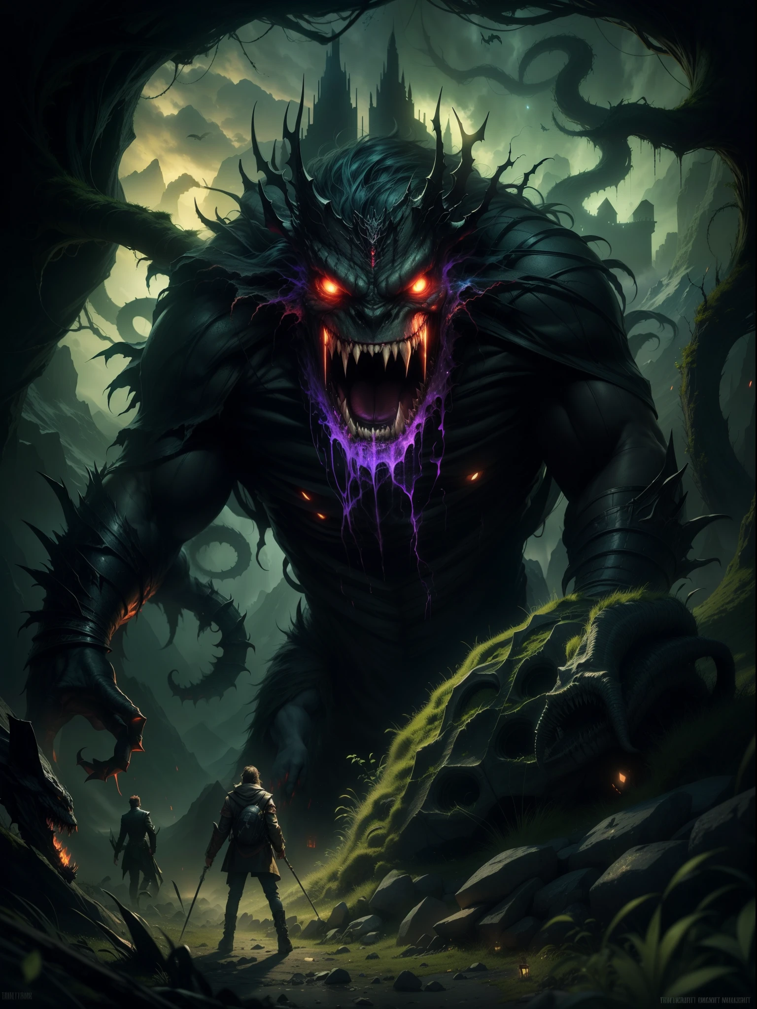 A detailed masterpiece with the best quality:1.4, showcasing a cinematic light that creates a dramatic effect. The artwork is filled with vibrant colors, especially emphasizing high contrast. The scene is set in a dark night with a mountain towering in the background. The mountain is covered with lush green grass and tall trees. The atmosphere is infused with a sense of horror (theme), accentuated by the presence of a terrifying monster:1.2. The darkness adds to the suspense and intensifies the eerie ambiance.
