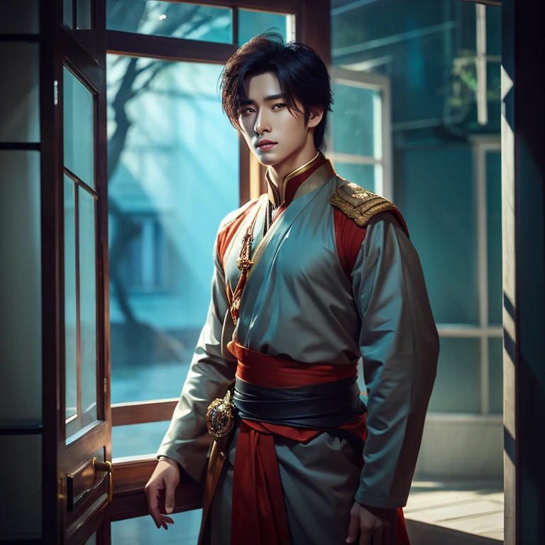 There is a man standing in front of the window, inspired by Zhang Han, inspired by Yanjun Cheng, Cai Xukun's, anime handsome guy, Anime portrait of a handsome man, handsome guy in demon slayer art, yangjun chen, Handsome stunning realistic, Handsome Anime Pose, beautiful androgynous prince, Realistic. cheng yi, by Yang J