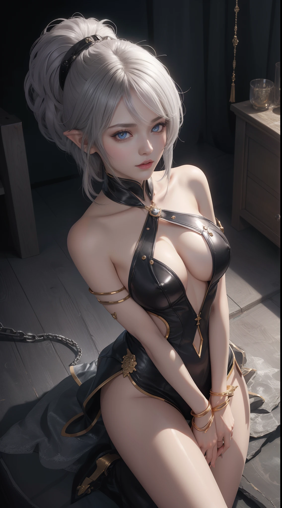 tmasterpiece,Highest image quality,Beautiful bust of a dark elf girl,Dark elf silver short hair style,Clear golden eyes,锁链,leather clothes,Ultra-detailed details,advanced。At the Pixiv Art Station,Break your own power,The kinky exposed,R-18G