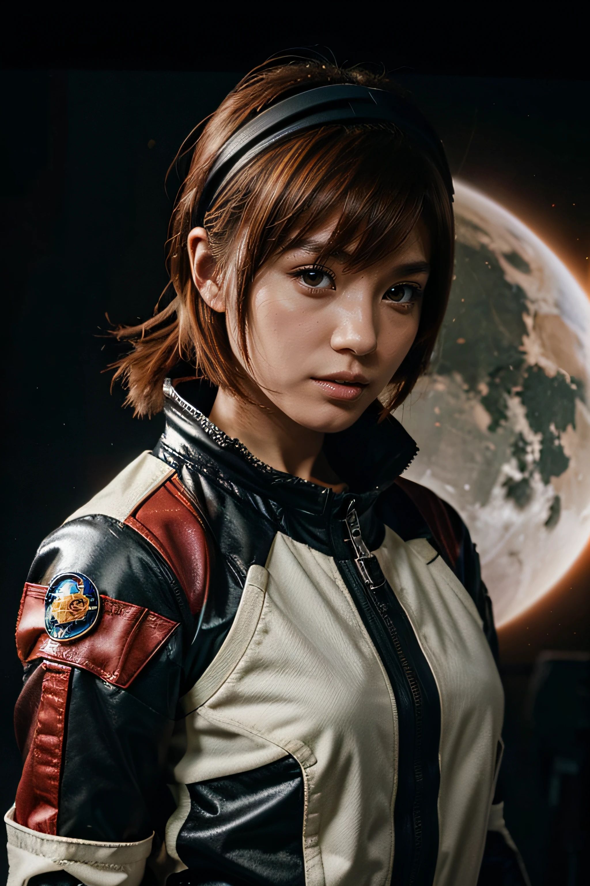 space fighters, japanaese girl, planet, Wolf cut hair, head protector, half red hair、half brown hair