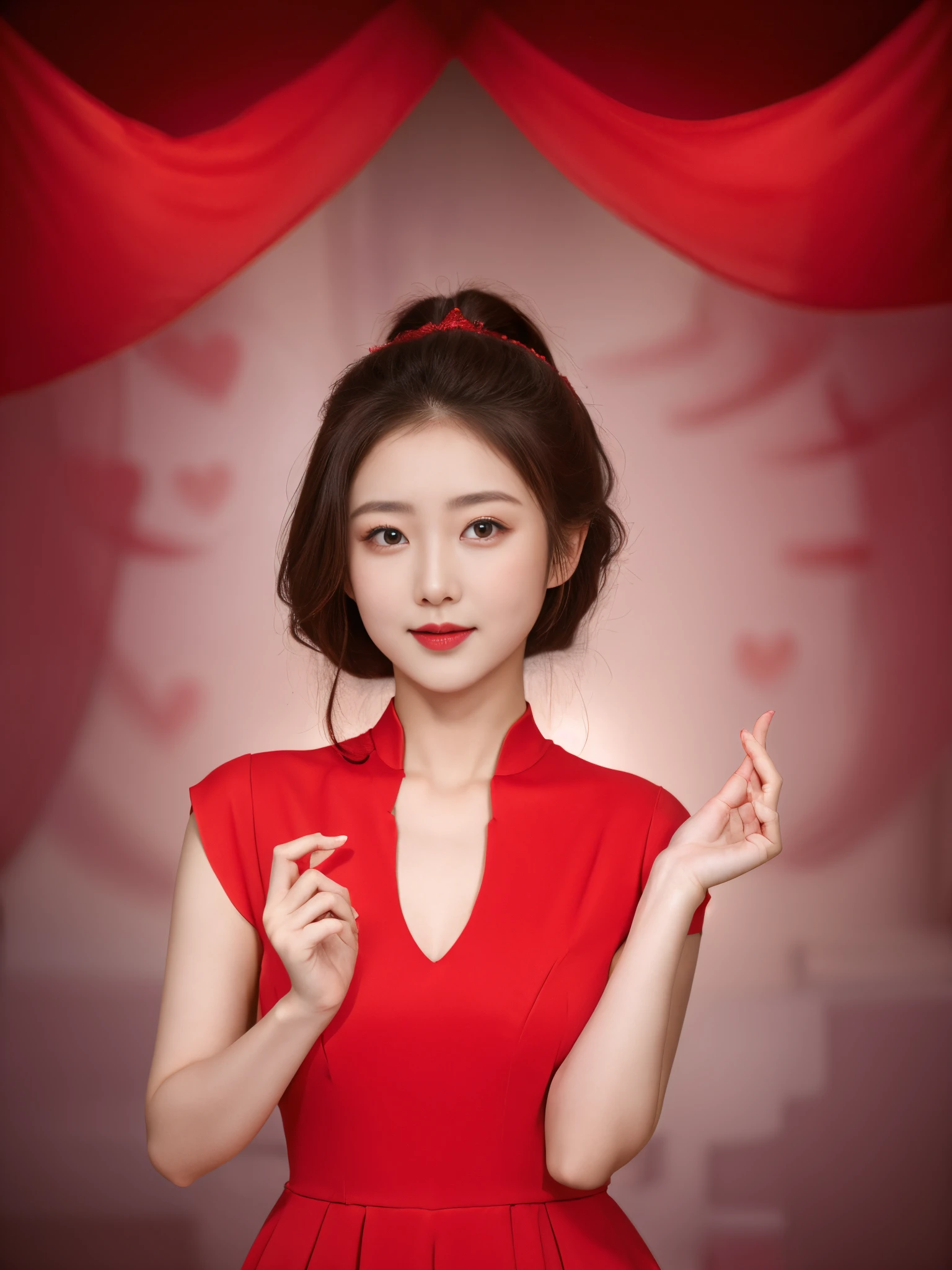 sweets 18-aged beautiful girl with kiss mount, red outfit, closed dress, studio picture, happy emotion, tied hair, have a heart sign in the left hand