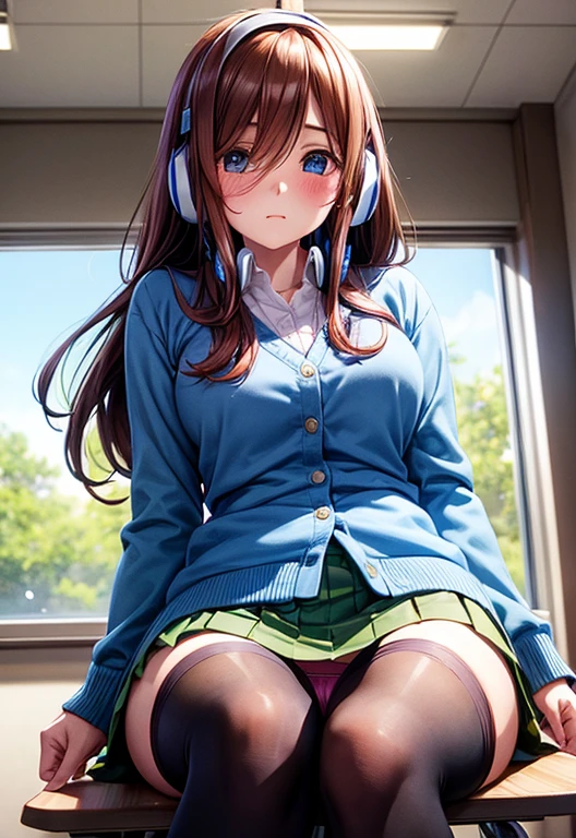 Brown-haired girl、Green skirt、light blue cardigan、Semi-long hair、Blue headphones、Black stockings、red blush、‎Classroom、sitting in the chair、(white panty)、Composition from below、Open legs