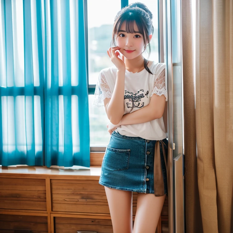 NFSW, masterpiece, highest quality,(18 year old japanese girl:1.5),(open legs:1.3) ,(Spread your legs on a train bench in an M-shape, I can see her vagina :1.8),(Elementary school girls&#39; summer clothes and hairpins, denim mini skirt:1.8),brown eyes,(small:1.7),(smooth straight hair:1.5),(slender body,thin legs),detailed eye,very white skin,letting down one&#39;s bangs,detailed body,detailed hands,no makeup, smile,organization,, masturbation