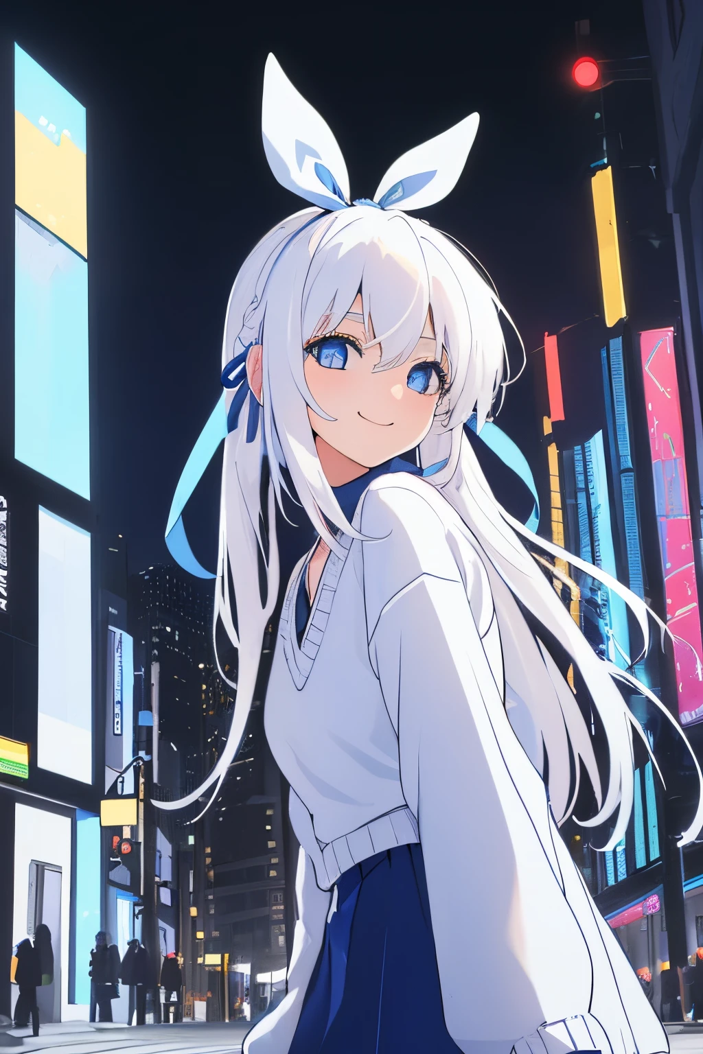 ((Masterpiece), (Best Quality)) (super detailed), ((((solo)))), fullbody, ((((white hair)))), long hair, ((((blue hairribbon)))), ((((blue eyes)))), smile, 18yo, (((blue V-neck sweater))), mini skirt, sleeves_past_wrists, Night, colorful cyberpunk city background, after rain, street, teenage girl in comfortable sweater, backlight, looking at the audience, low angle lens, looking up lens, 8k
