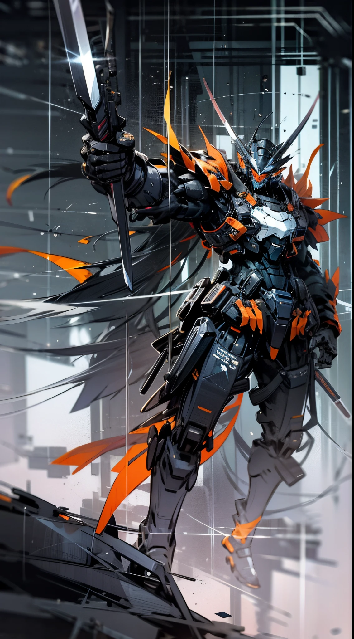 Raw foto,Dark_Fantasy, Cyberpunk, (Big Revolver, Sword Man, Violet: 1.1), 1man, Mechanical Wonder, Robotic Presence, Cybernetic Guardian, orange, black, samurai Gundam, extremely high detailed, half-body, orange tiger,