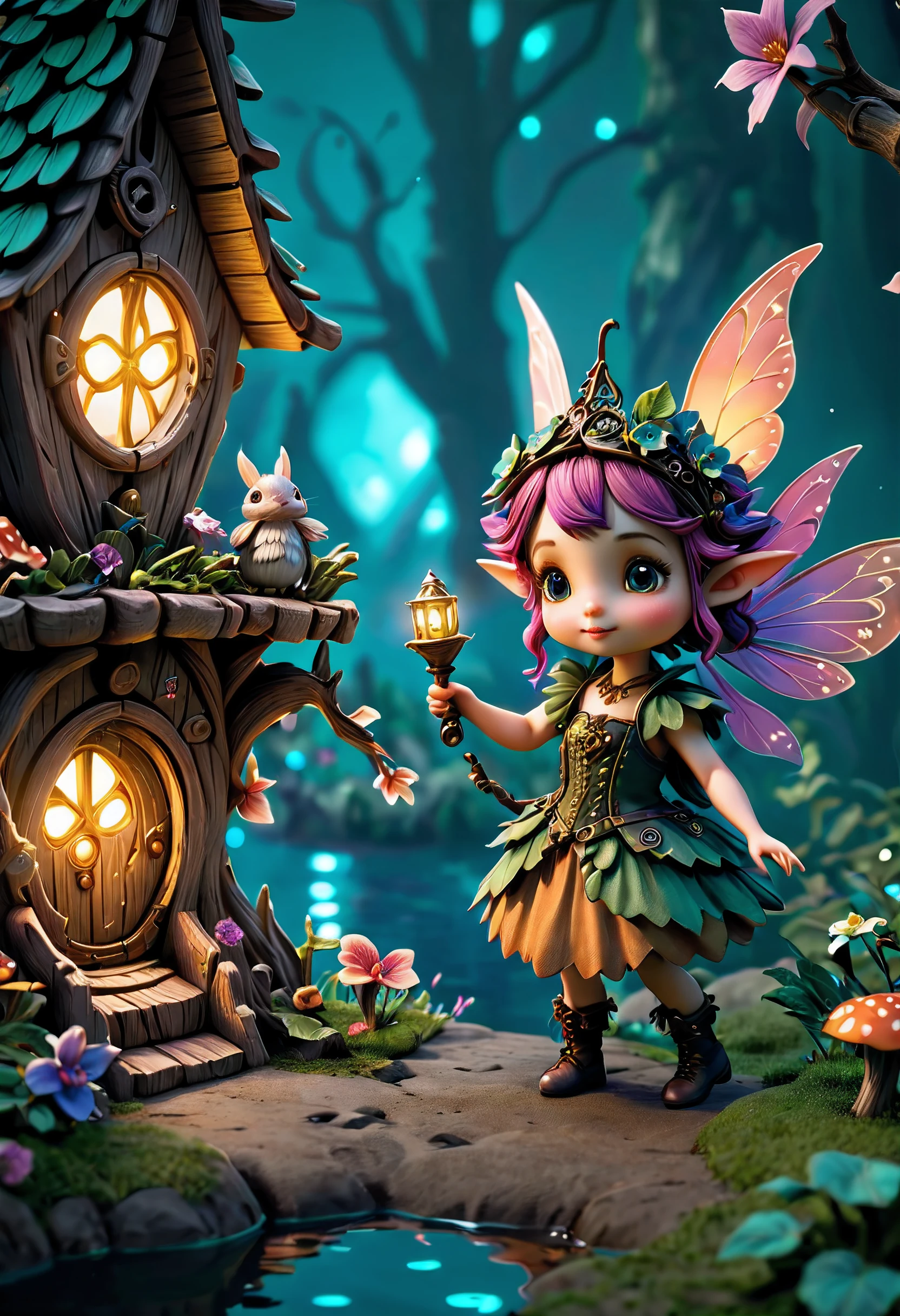 cute and cuddly fairy🧚🏻‍♀️ in the (fairy village:1.4), with aquatic steampunk augmentations extremely detailed, insanely detailed and intricate, high detail, concept art, colorful, dark philosophy, uplight, dark mode, rendered in unreal engine 5, intricate details, soft lighting, and a magical atmosphere, ambience lighting
