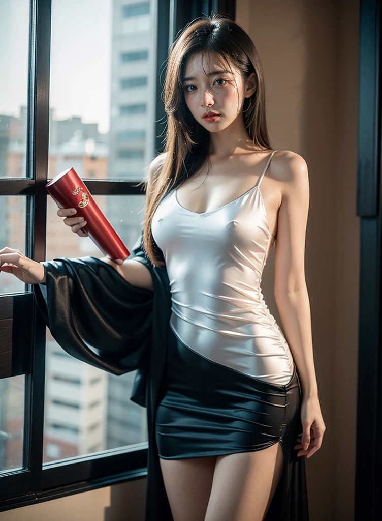 25-year-old Korean woman in a black dress posing in a dark room., sexy dress, sexy dress, Elegant dress exposed, captivating and enticing, And fascinating, open dress, Elegant and seductive poses, Flowing black dress, Exhibitionist costumes, seductive woman, low cut dress, Elegant and seductive poses, Exquisite and soft details, elegant pose, beautiful silky dress
