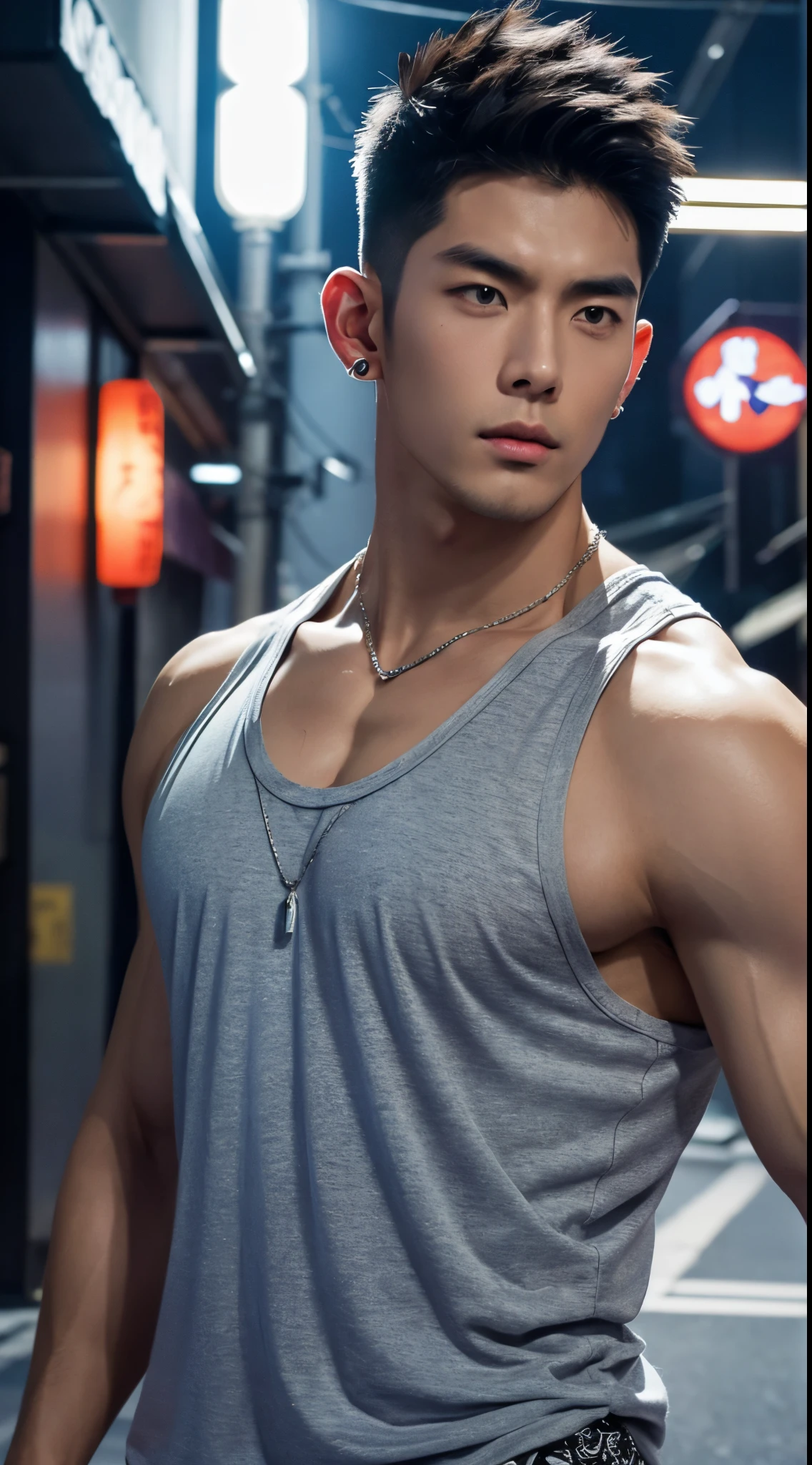 Japanese male male model, big muscles, handsome, cool, smoothly combed hair, pierced ears, wearing a loose tank top, holding a lollipop, portraiture, modeling, dynamic pose, Japanese street, late at night, store lights trade