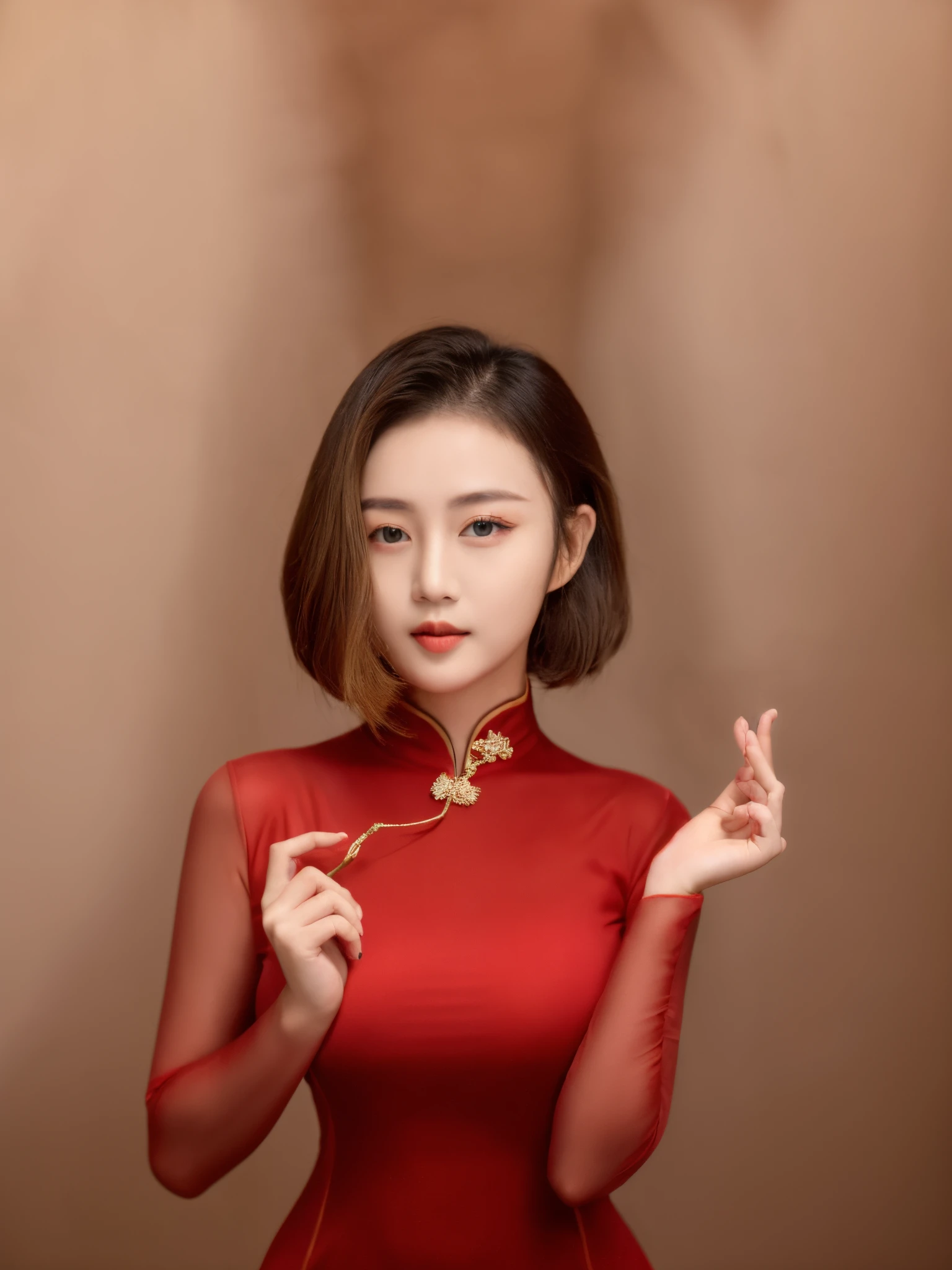 18-aged beautiful girl with kiss mount, wear red long aodai, closed dress, studio picture, happy emotion, tied short high hair, have a heart sign in the left hand