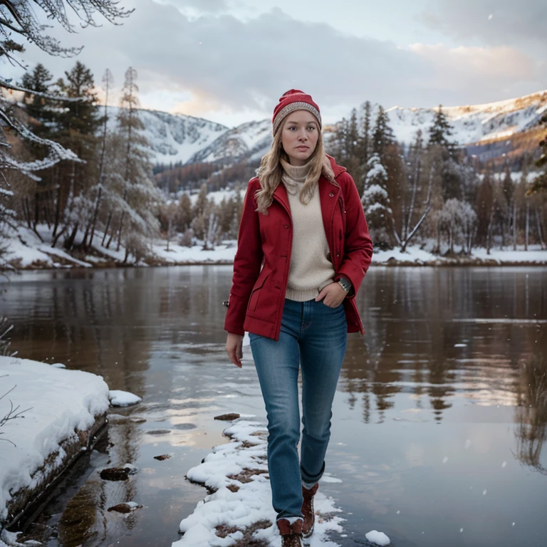 8k, best quality, (photorealistic:1.4), 1girl, blond hair, short hair length, wavy hair, athletic, Nordic, wearing a beanie, red coat, jeans, and brown boots,  pose: walking along the shore of a snowy lake