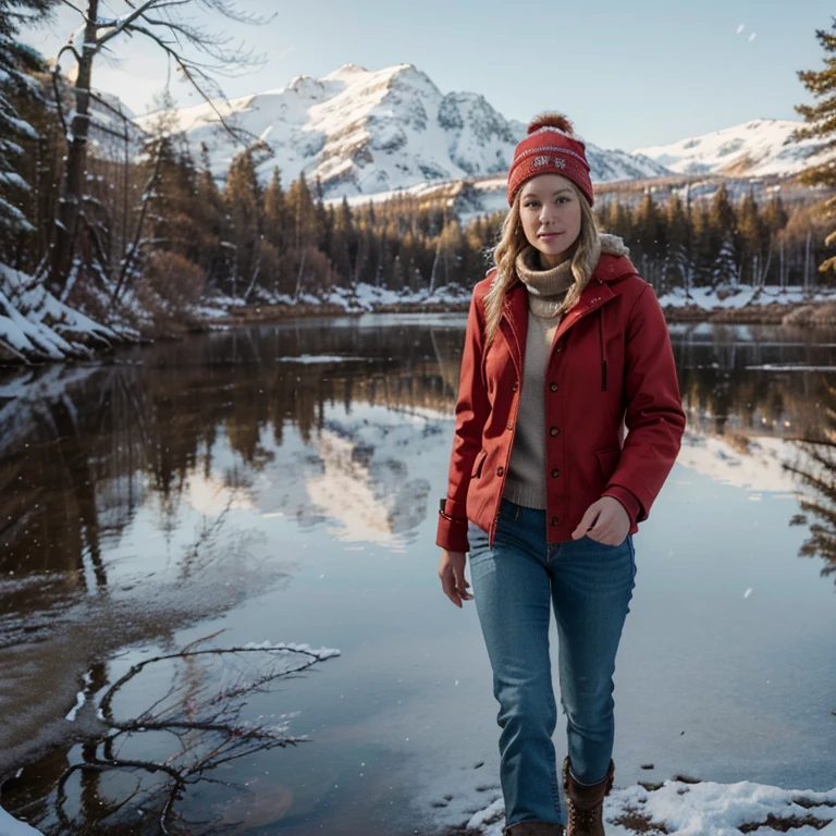 8k, best quality, (photorealistic:1.4), 1girl, blond hair, short hair length, wavy hair, athletic, Nordic, wearing a beanie, red coat, jeans, and brown boots, pose: walking along the shore of a snowy lake