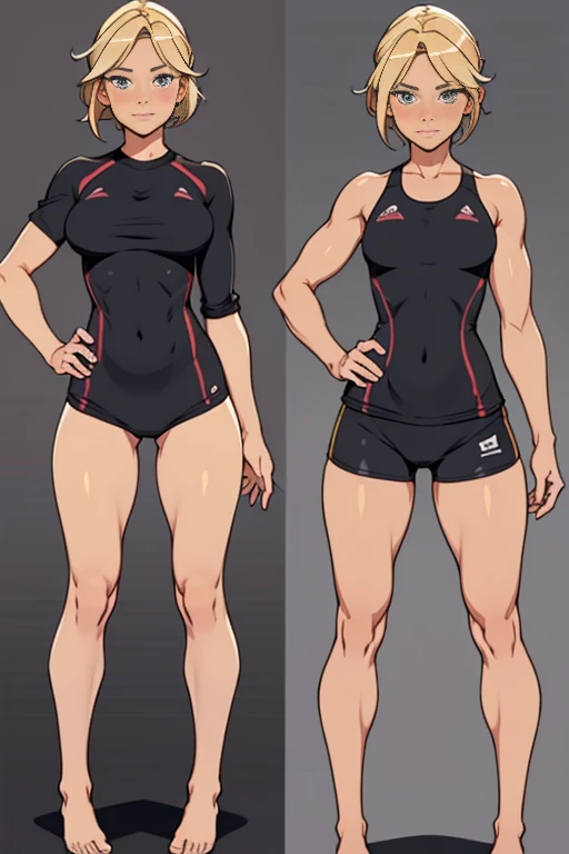 Front and back full body photo of a beautiful, barefoot, lucky ones, blushing blonde woman, who wears short black training clothes.
