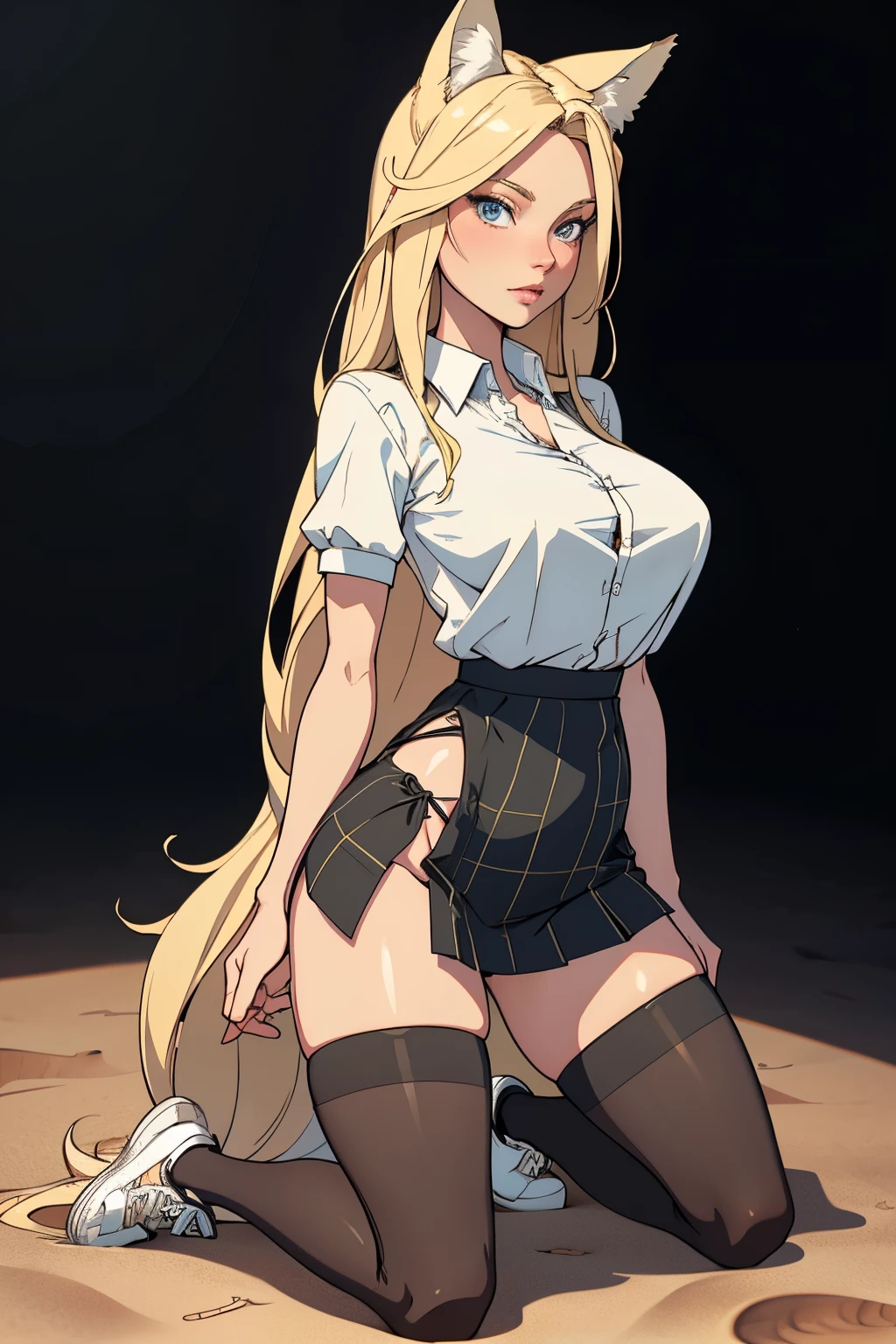 Beautiful 1girl, full body, ager, solo, (very long waist length blonde hair, straight blonde hair: 1.28), ((light blue eyes)), clear skin, (large darker fox ears: 1.35), pale skin, medium breasts, cleavage, (thin hips, thin waist , athletic body: 1.25), background, looking away, (revealing clothes, tight unbuttoned blouse, see through blouse, pleated mini skirt, thigh high stockings, plaid b&w sneakers, school outfit: 1.11), groping chest, kneeling in the sand, masterpiece, best quality,3d rending work ,3DMM style, close-up, portrait, 3D,