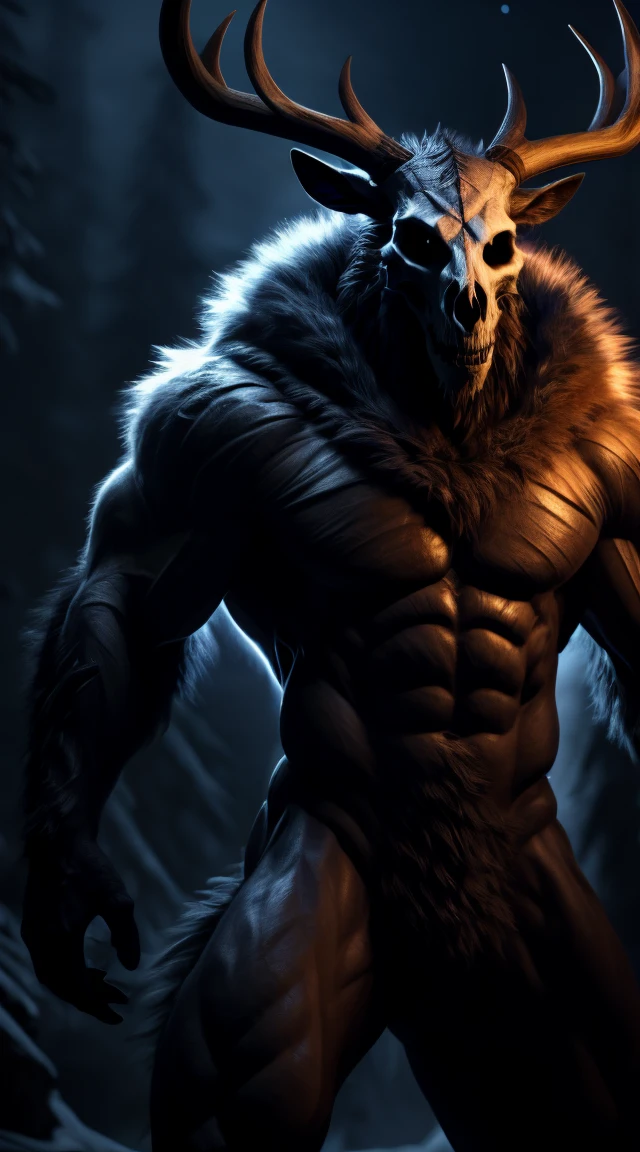 buff monster, muscular, abs, scales on body, majestic fur mantle, wendigo skull, elk horns, muscular, giant tail, illustration, (best quality, 4k, highres, masterpiece:1.2), ultra-detailed, realistic, horror, sharp focus, vivid colors, nighttime lighting,