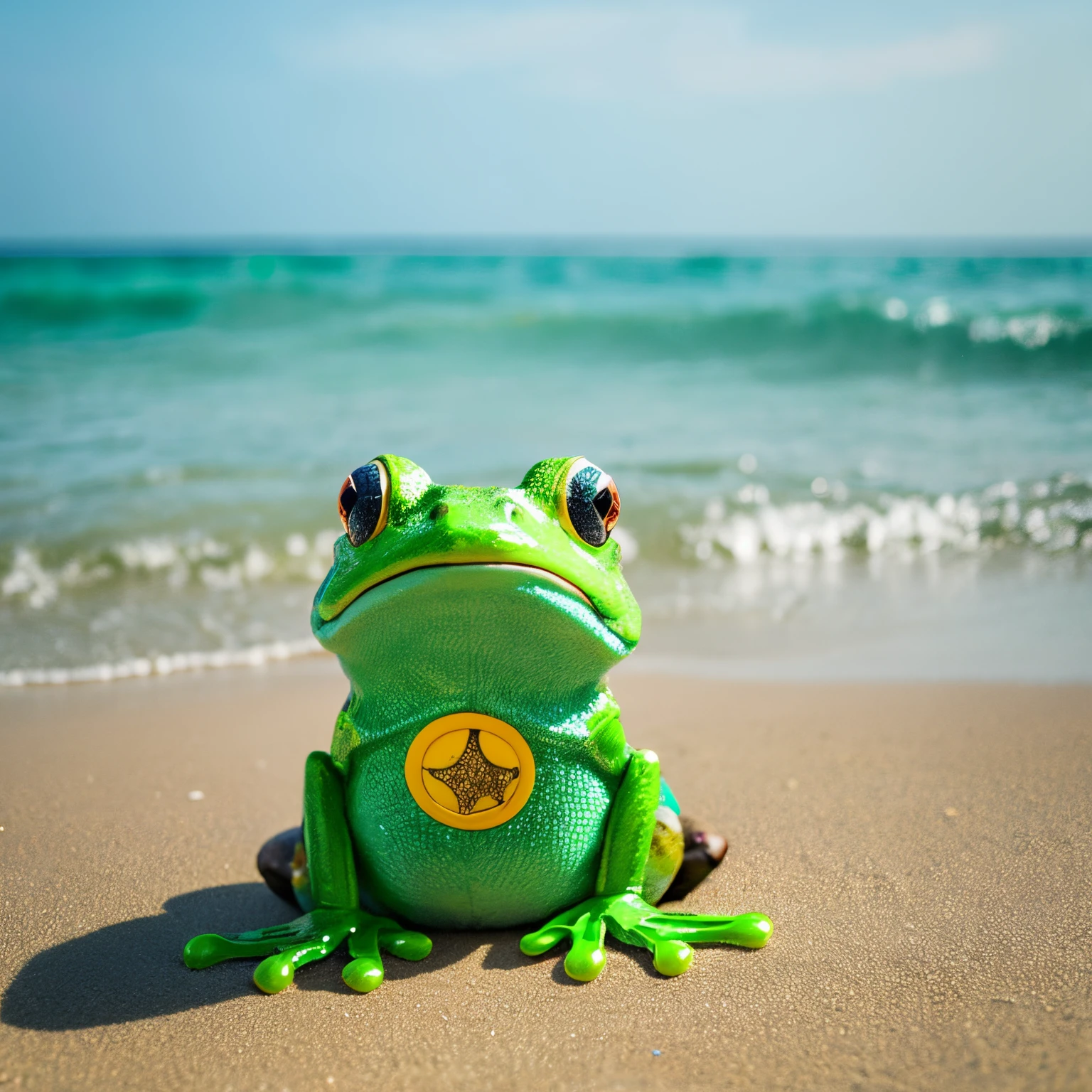 Make a picture with a frog theme on a beach and a Pepe coin logo