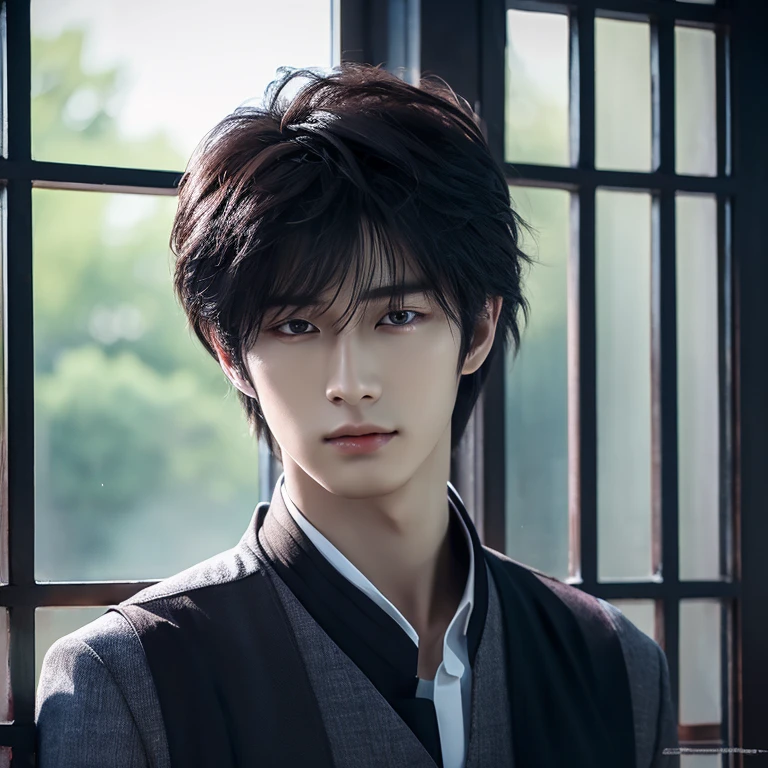 There is a man standing in front of the window, inspired by Zhang Han, inspired by Yanjun Cheng, Cai Xukun's, anime handsome guy, Anime portrait of a handsome man, handsome guy in demon slayer art, yangjun chen, Handsome stunning realistic, Handsome Anime Pose, beautiful androgynous prince, Realistic. cheng yi, by Yang J、Yuzuru Hanyu
