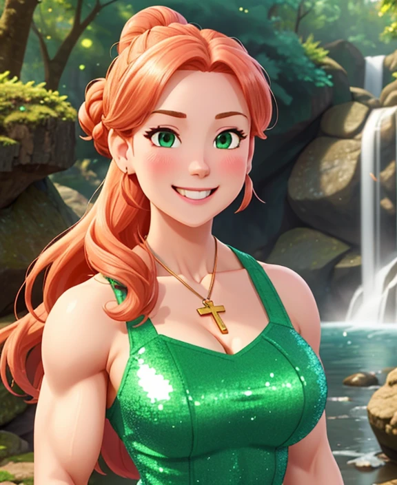 attractive welsh woman, ripped muscle, muscular body, pale skin, smile(blush), sequin sundress, cross pendant, sixpack abs, [ultra detailed skin:1.2], ginger hair, green eyes, hair bun, 8k uhd, full body, crowd, public, forest, waterfall, standing,