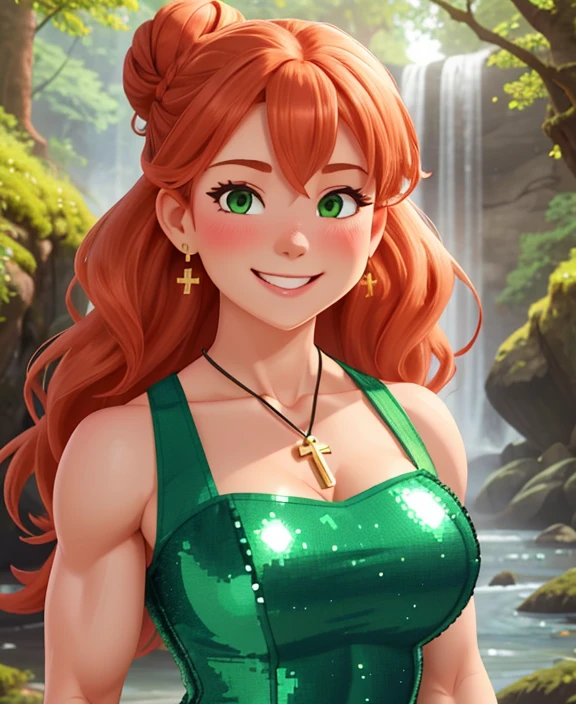 attractive welsh woman, ripped muscle, muscular body, pale skin, smile(blush), sequin sundress, cross pendant, sixpack abs, [ultra detailed skin:1.2], ginger hair, green eyes, hair bun, 8k uhd, full body, crowd, public, forest, waterfall, standing,
