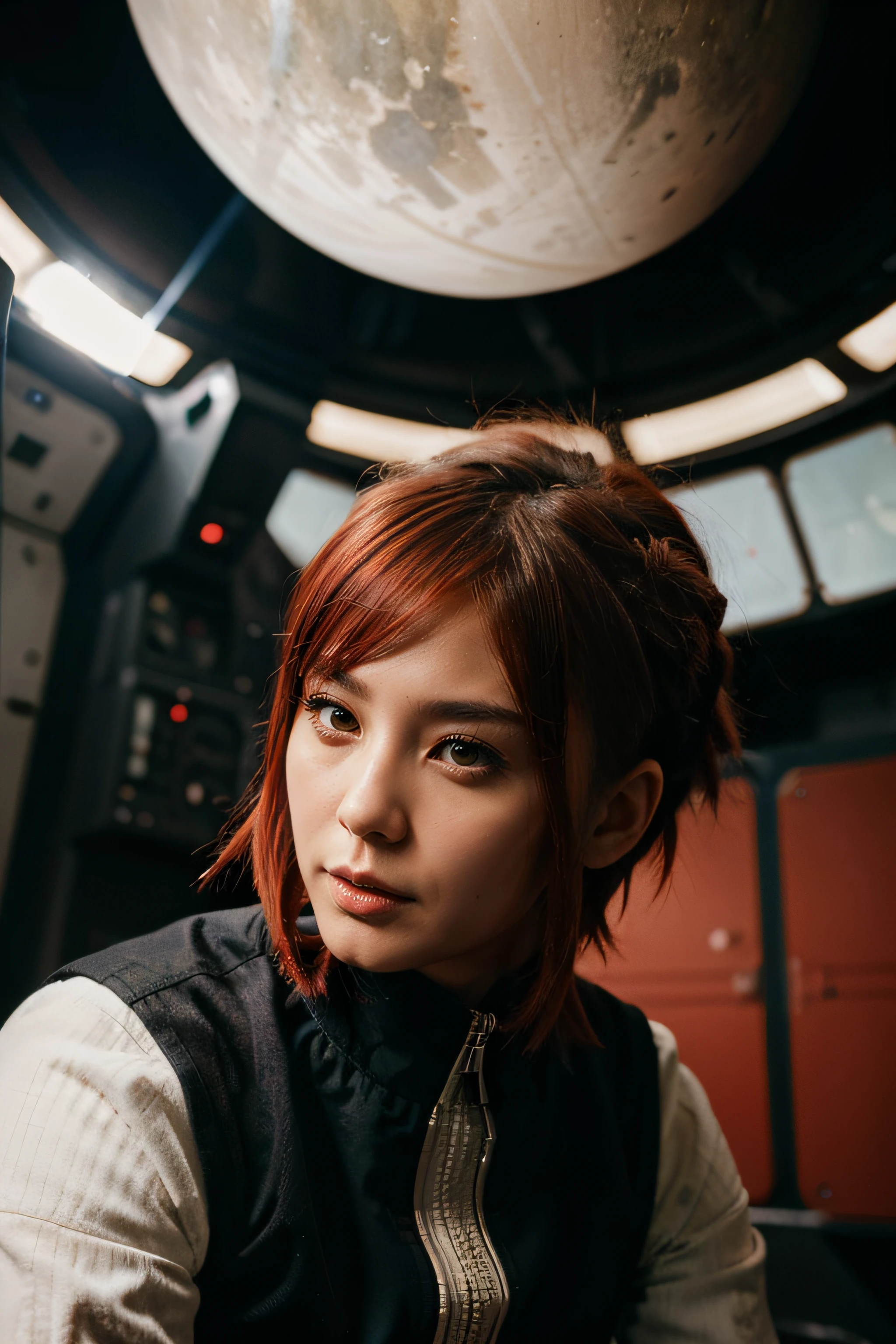 space fighters, japanaese girl, planet, Wolf cut hair, Hair in folds, Red hair