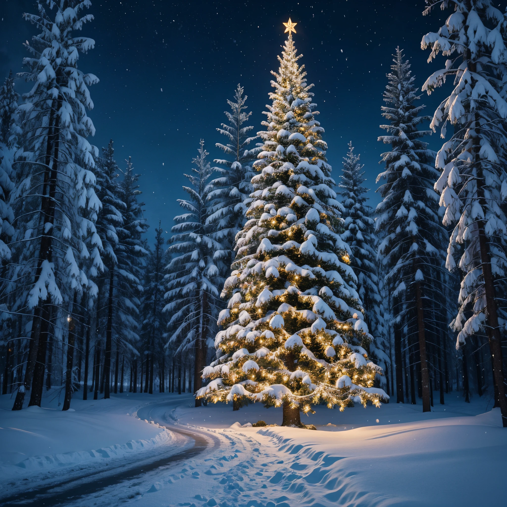 Magical Christmas tree outdoors with snow at night