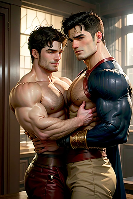 Darren Criss and Henry Cavill, sbeard, bend their arms, lean meat、shaggy、Sweating profusely, smiling calmly，Very intimate，Sexy and charming