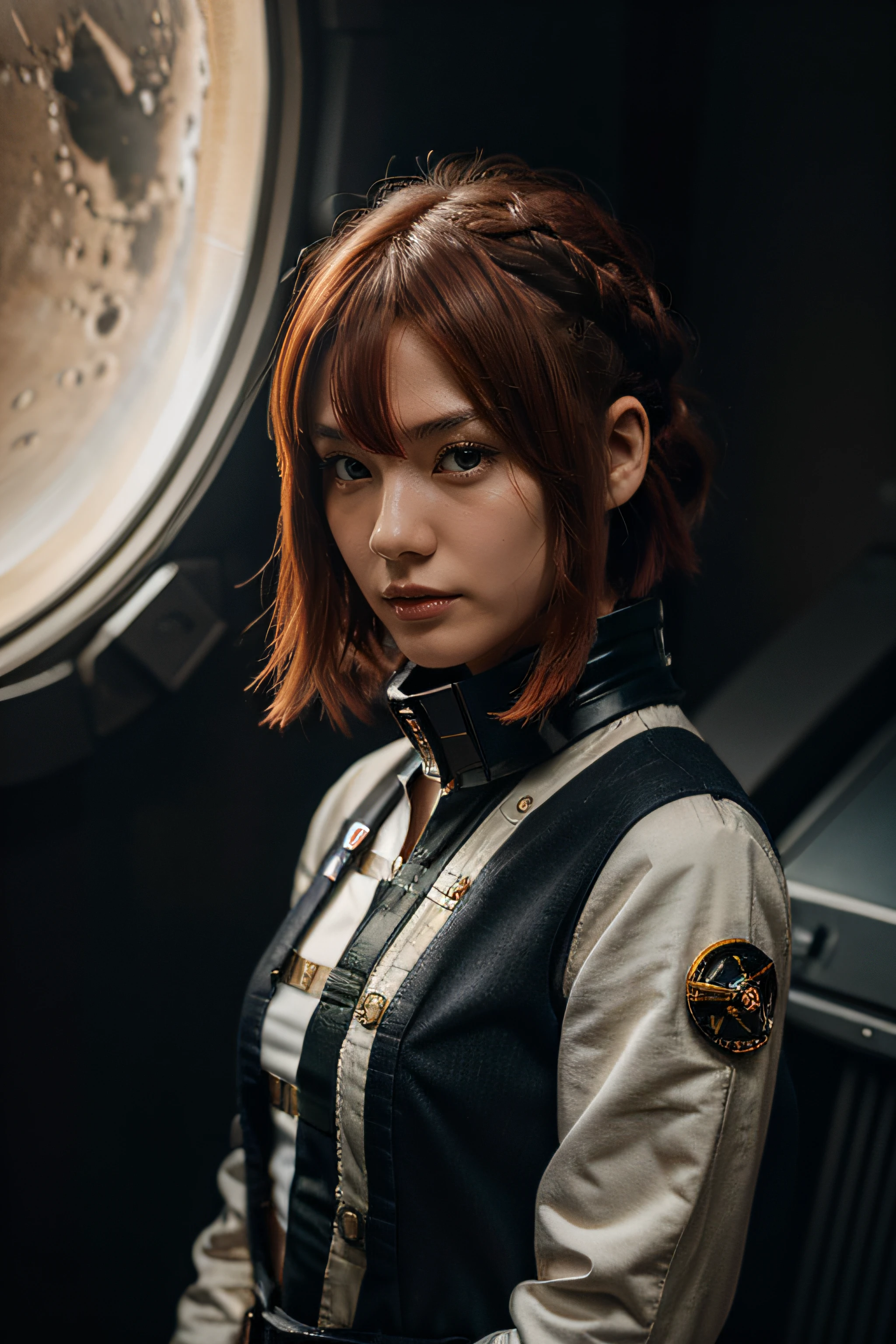 space fighters, japanaese girl, planet, Wolf cut hair, Hair in folds, Red hair