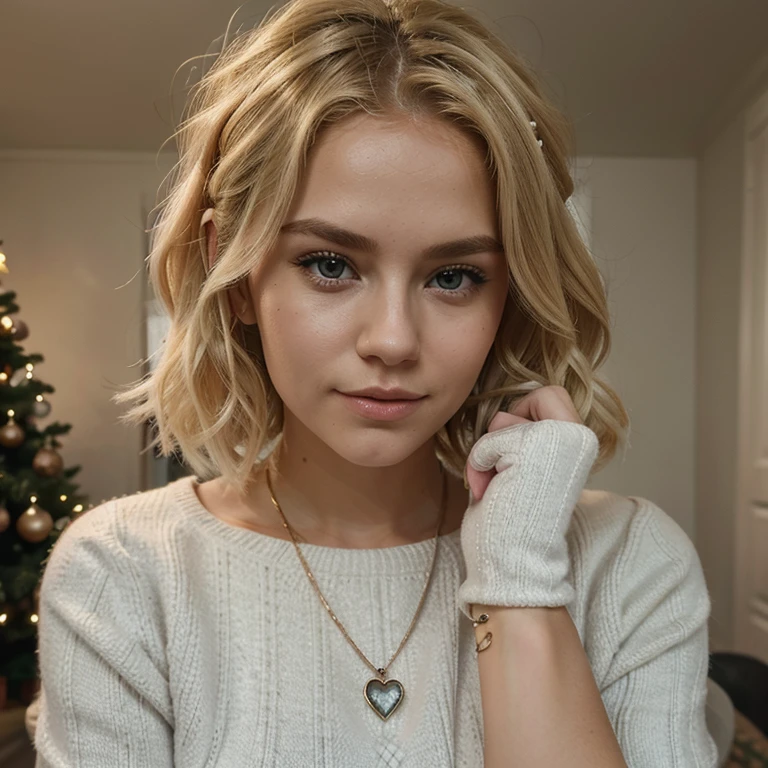 Blonde girl with blonde hair, short hair, wavy hair, Nordic, It's winter outside, All in Herlands, Christmas trees with gloves, beautiful hairstyle and jewelry
