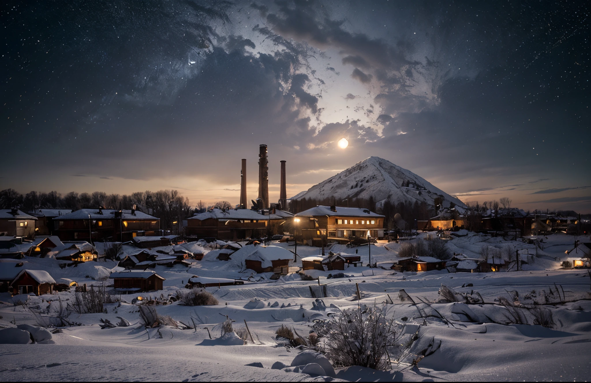 mining town for Christmas, winter in the taiga, forest, houses with burning windows, mine waste, snow, sparkling snowflakes, bright huge silver moon, bright stars, taiga background, realistic photo, maximum quality, HDR, 8K, realistic