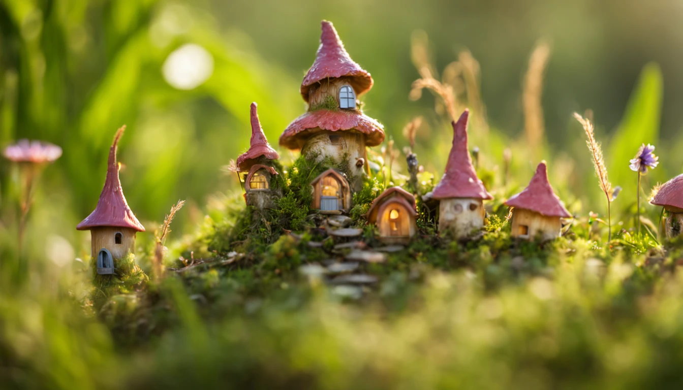 Macro photography, MacroPhotography of a magical microcosm in the tall grass., small fairy village with fairies, Little fairy village with little houses, 5 different little fairy houses, Small village in the middle of tall grass, little fairy fairy houses, Among the tall grass, fairy village with fairies with their own details, great depth of field, Hi-Def, Extremely realistic, Extremely detailed, cinematic treatment, HDR, Photorealistic, tmasterpiece