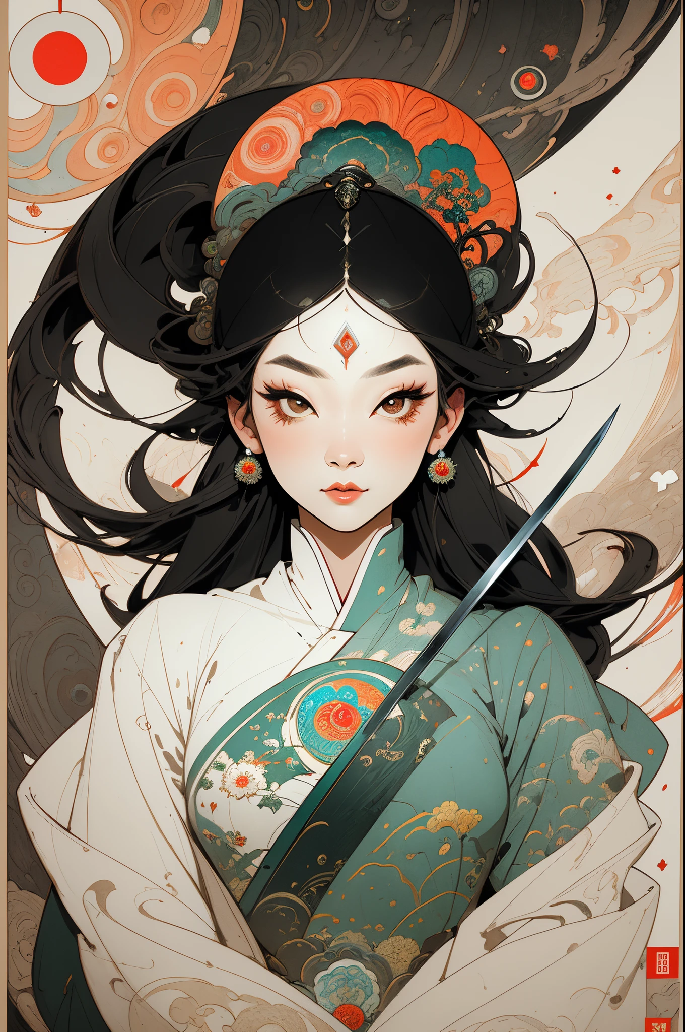 (Masterpiece, Best Quality, hight resolution:1.4), Detailed, intricate details, 4k, color splashes, line art, Art, Fibonacci, asian girl, shroom, psychedelic art, Beautiful charming face,DMT details, trippy, Tarot card style, Show all ukiyo-e objects　Charles Robinson, Frank Pape, Kay Nielsen, surreal　miraculous　strange　whimsical　absurd and absurd　Sci-fi fantasy　Spherical mythology. goddess portrait, Holding a Sword. Melting Makeup Information