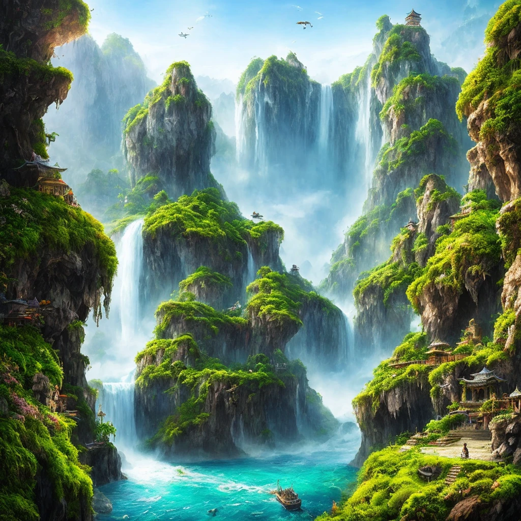 Many islands suspended in the air, airships flying large and small in the sky, martial arts, ancient Chinese architecture, waterfalls, fantasy, wonderland, growing magical plants, mist, extreme details, realistic light, epic composition, (intricate details), (hyper detail: 1.2), art station, (masterpiece, best quality, super HD), 32k --v 6