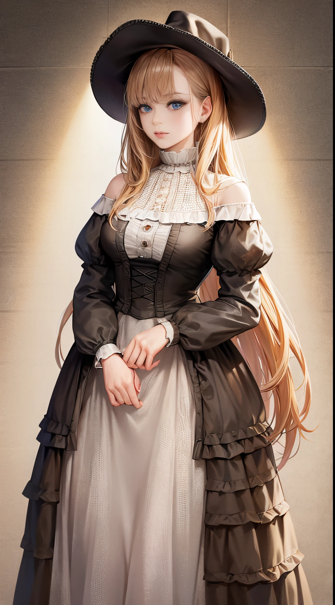 masterpiece, Superior image quality, High resolution, 4k image,photo and gross, photorealistic, Whole body, 1 young blonde of 15 years, big breasts, beautiful face, Long blonde hair, blue eyes, very detailed eyes, serene expression, draw smile, choker:1.6 dressed in Victorian style with cane and hat standing in front of a building, victorian style costume, wearing an old black dress and a hat, Victorian inspired clothing, wearing clothes from the 10s era, wearing victorian clothing, victorian lady, in victorian aristocrat, victorian gothic, in victorian clothing