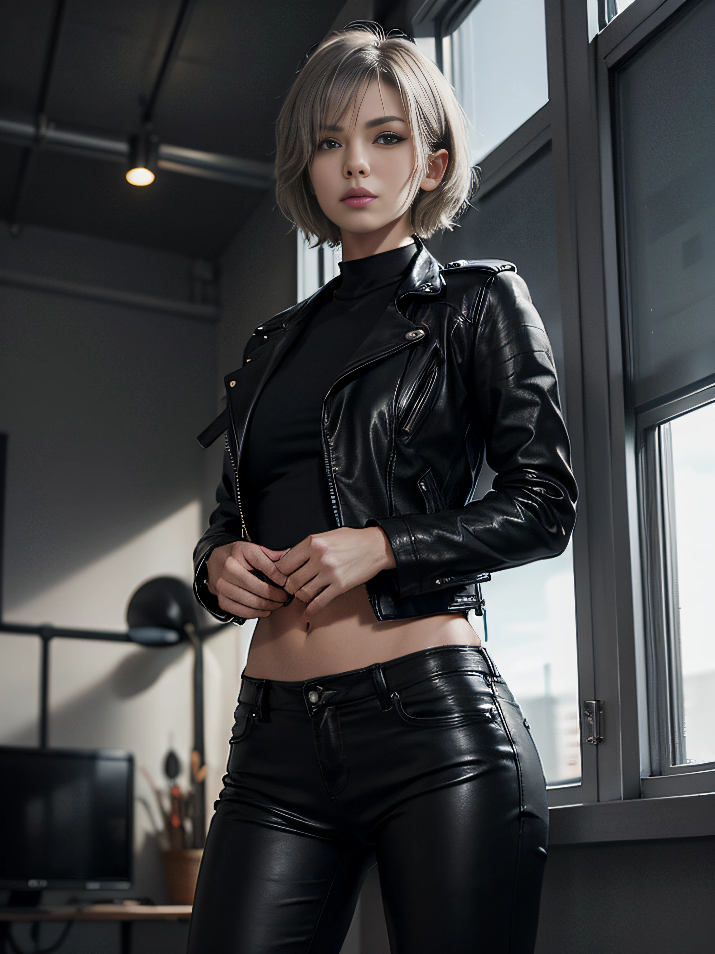 in photorealistic style, a grey with short hair in black leather pants and a black leather jacket stands in the window of a room and watches the setting sun