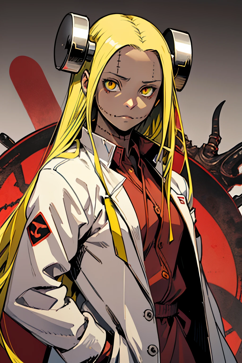 Madaraki_Fran , A  girl, , stands , at the surgeon&#39;s&#39;S&#39;S&#39;uniform ,  Background , clear face , Clean hands , hairlong , yellow hair,seams , Scars on the body , A creepy look , scary eyes , An intimidating look, crazy eyes , yandere